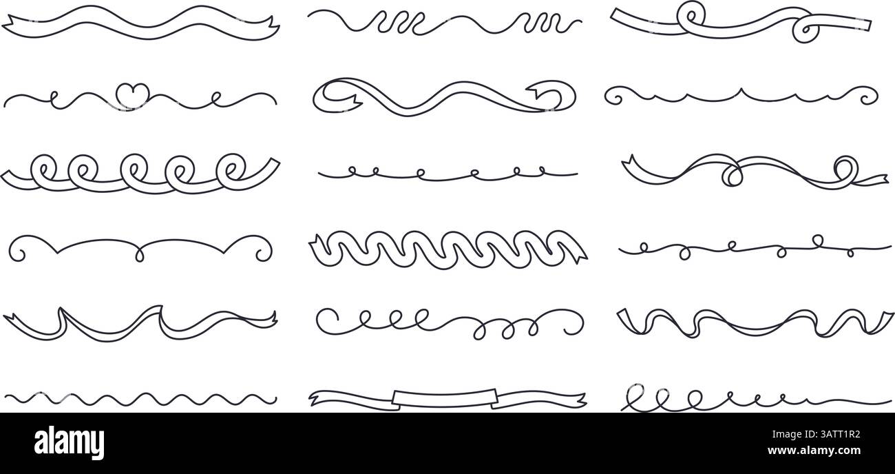 Lignes de séparation de rubans de confettis bouclés. Diviseurs décoratifs de texte à boucles Doodle, bordures ondulées dessinées à la main et rubans de soulignement à tourbillons. Contour Illustration de Vecteur