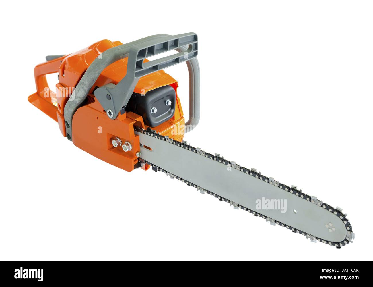 Scie à essence, isolée sur fond blanc Banque D'Images