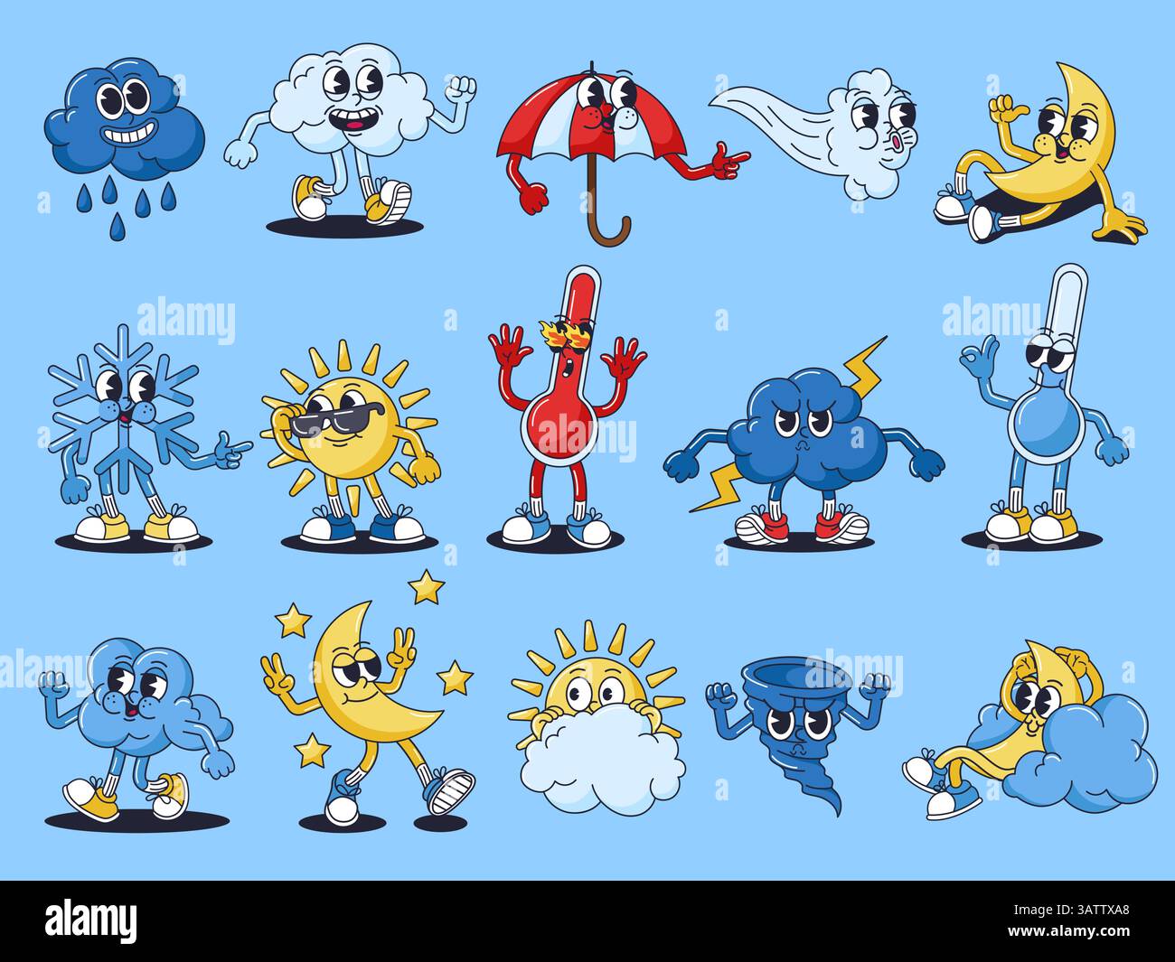 Personnages météo de dessin animé rétro. Mascottes de prévisions groovy, symboles météo vintage de style d'animation des années 30. Nuage drôle, soleil, lune, neige, vent, thermomete Illustration de Vecteur