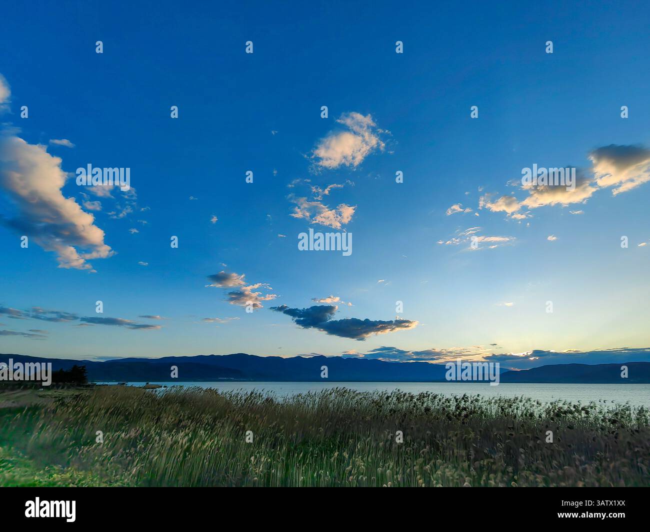 Panorama des vacances : ciel nuageux au-dessus du lac serein Banque D'Images