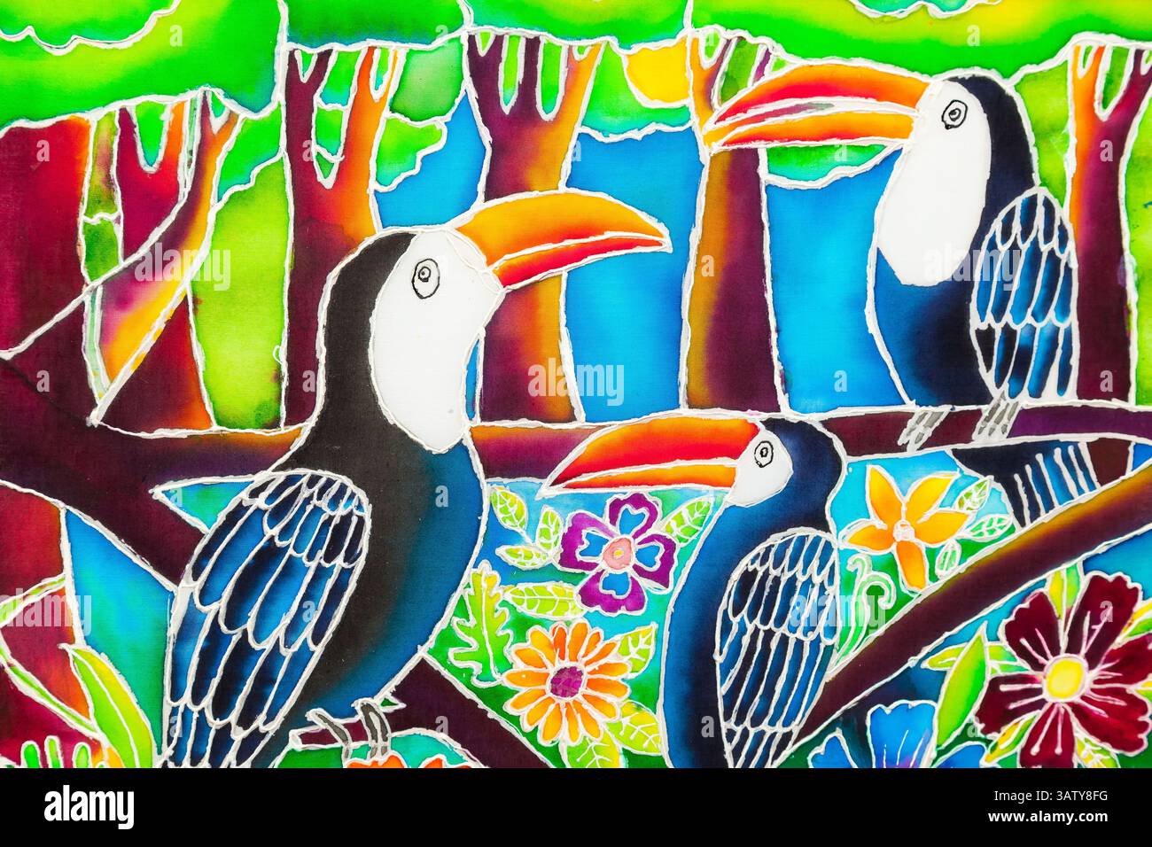Dessiné peinture multicolore brillante représentant des oiseaux toucan dans la forêt. Peinture avec des toucans perroquets dans la forêt. Banque D'Images