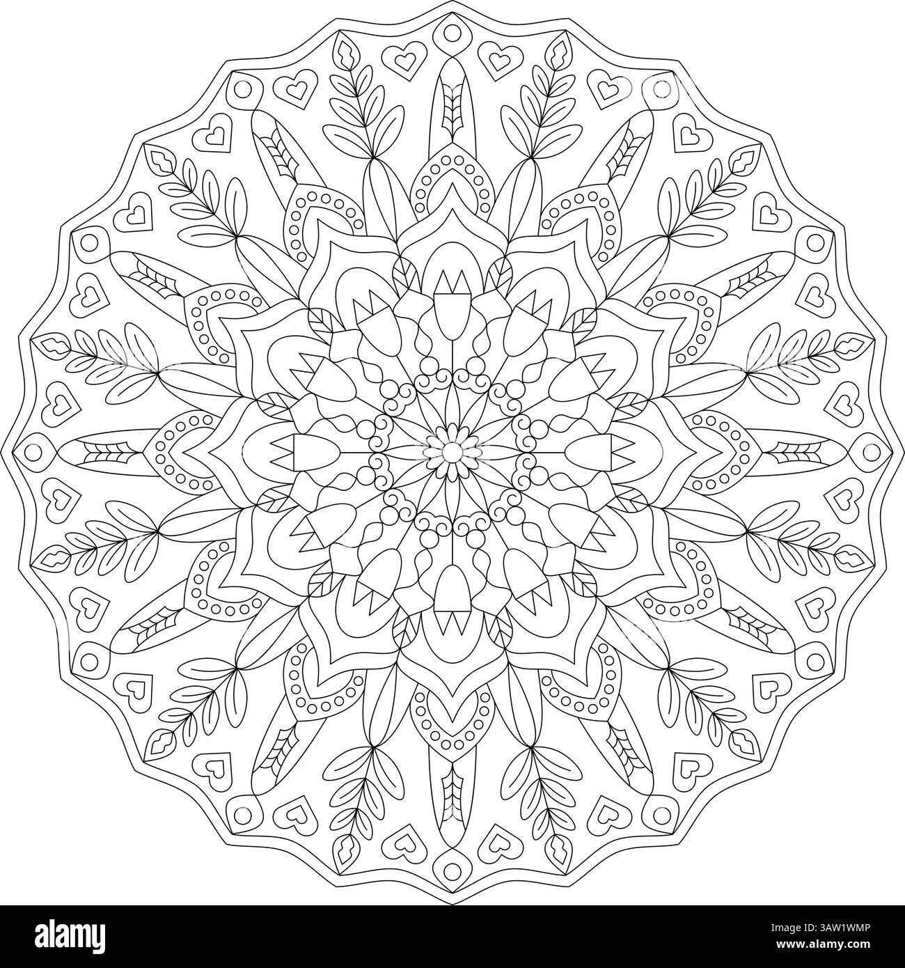 Vecteur mandala abstrait avec des formes géométriques, des motifs floraux et des éléments de coeur subtils, idéal pour la coloration consciente et le design décoratif Illustration de Vecteur