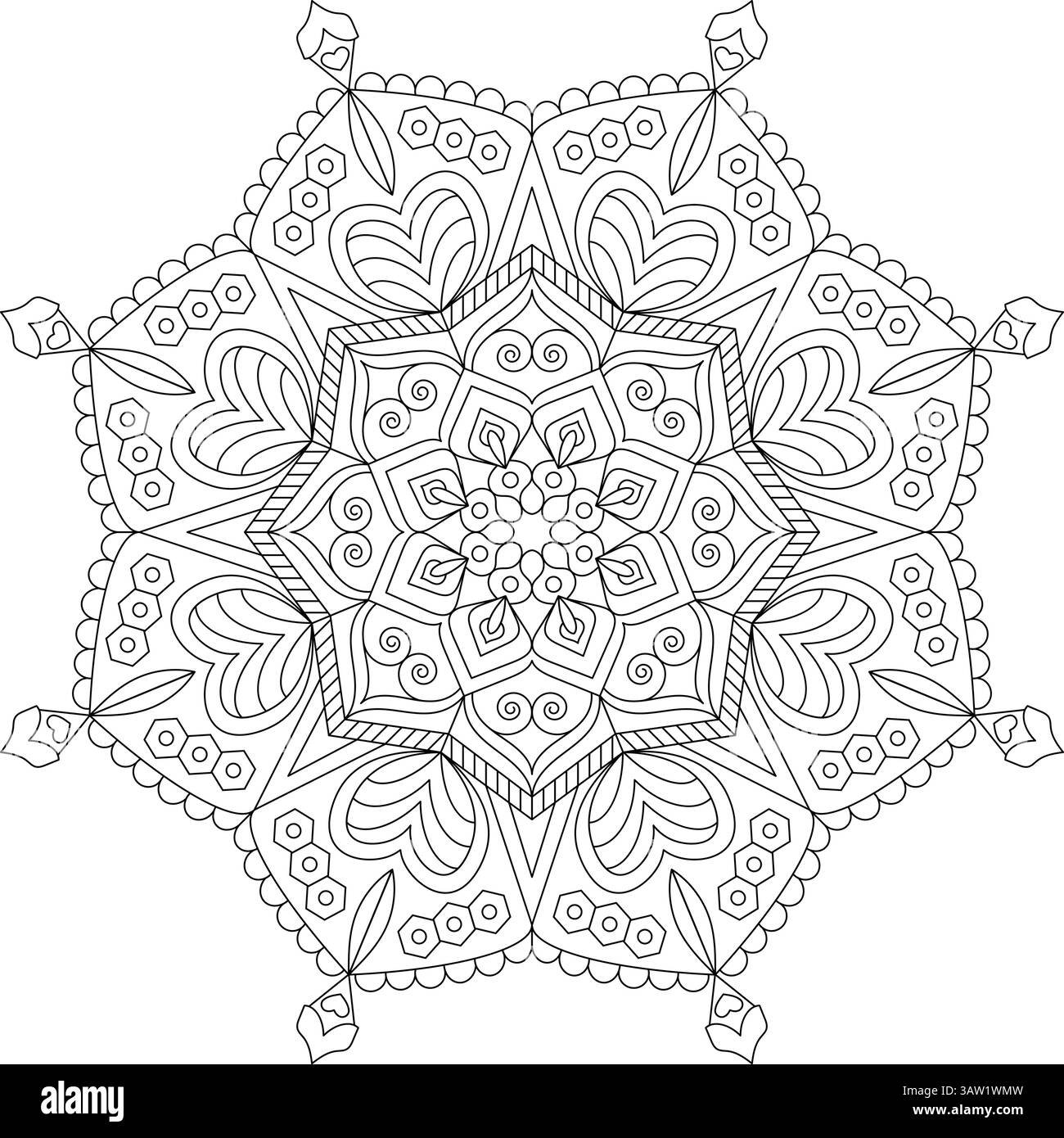 Illustration de mandala noir avec des éléments en forme de coeur, des structures en étoile et des motifs floraux, parfait pour spirituel, thérapeutique, et décoration Illustration de Vecteur