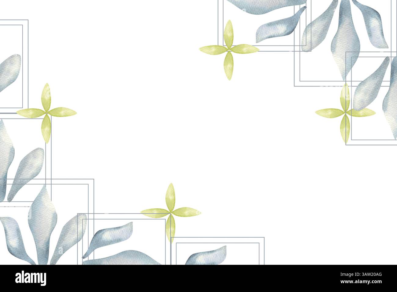 Ornement abstrait avec des motifs floraux grecs modèle de bannière aquarelle. Cadre isolé dessiné à la main avec des éléments géométriques en couleur pastel pour la carte, invi Banque D'Images