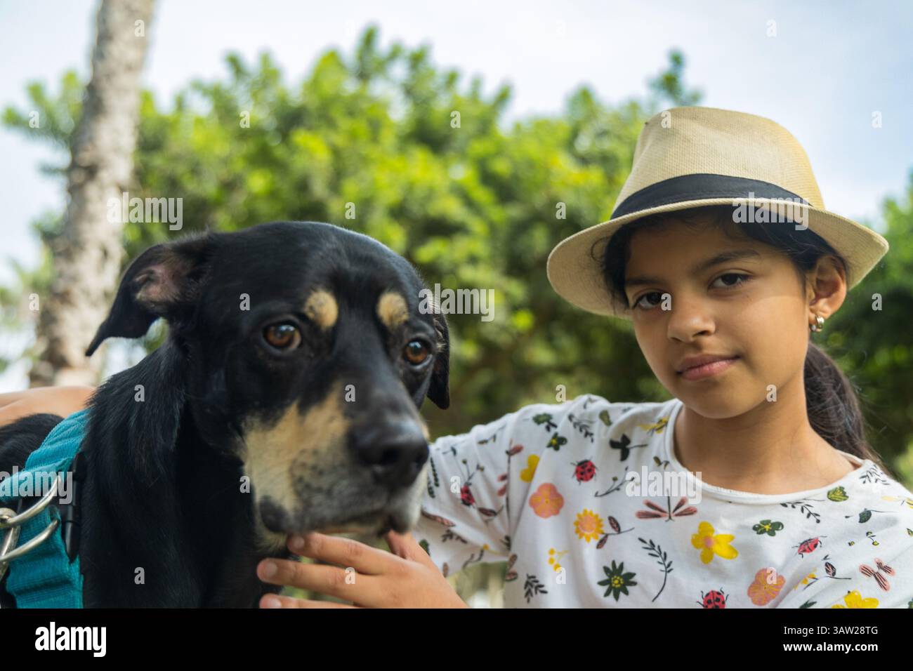 Une jeune fille caresse un chien noir et brun. La fille porte une chemise blanche avec un motif floral Banque D'Images Une jeune fille caresse un chien noir et brun. La fille porte une chemise blanche avec un motif floral Banque D'Images