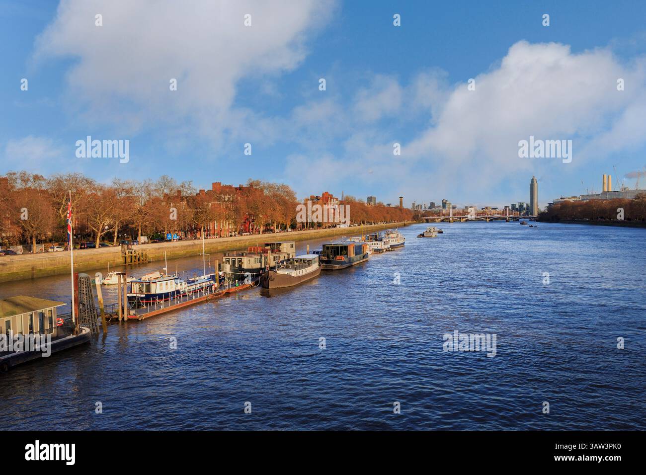 Bateaux amarrés sur la Tamise près du pont Albert, Londres, Angleterre, Royaume-Uni Banque D'Images