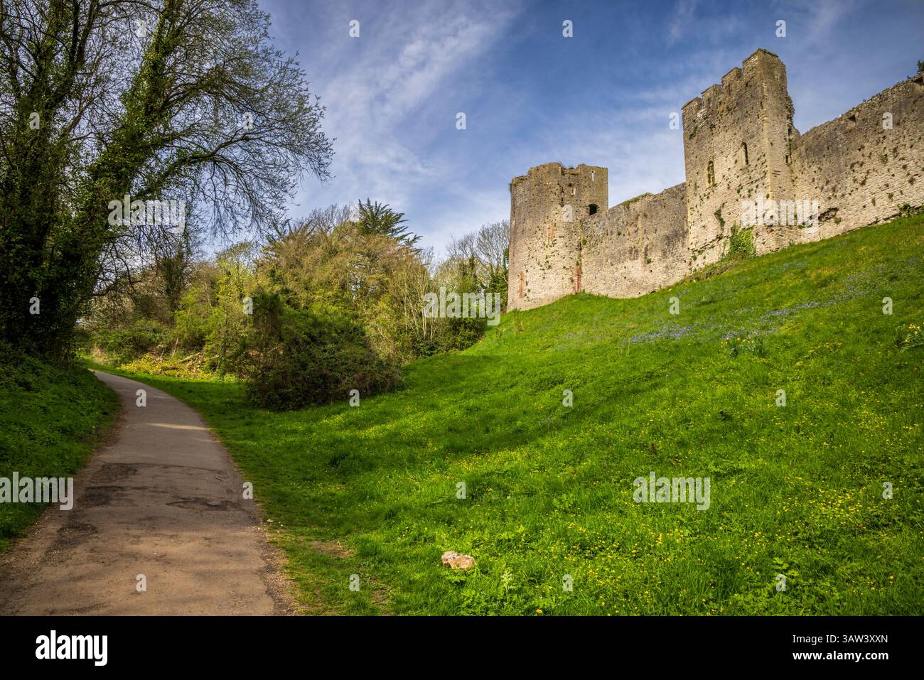 Le chemin à travers “The Dell” sous les murs du château de Chepstow, Monmouthshire, pays de Galles du Sud Banque D'Images