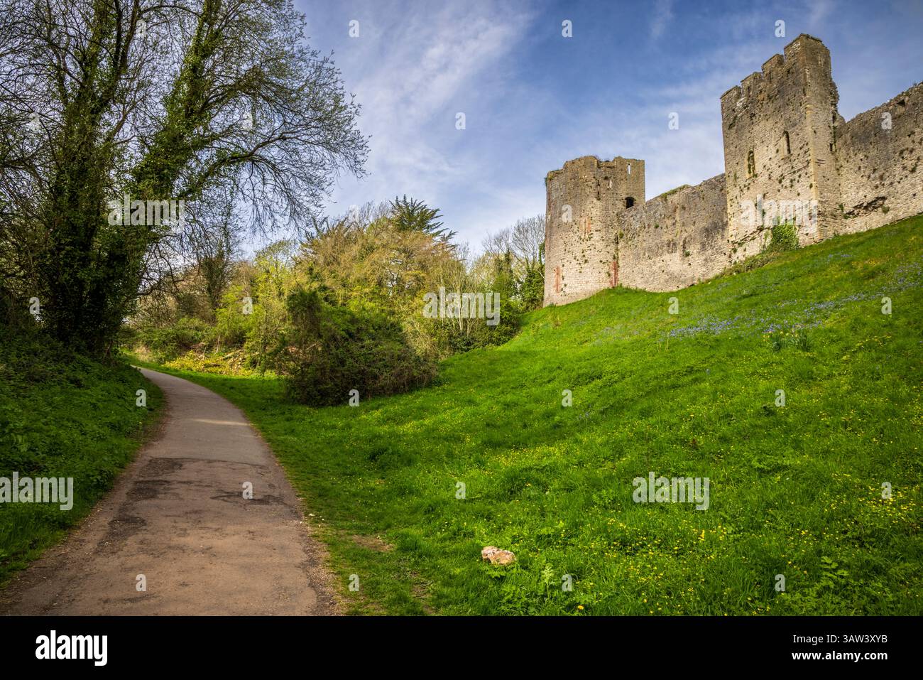 Le chemin à travers “The Dell” sous les murs du château de Chepstow, Monmouthshire, pays de Galles du Sud Banque D'Images