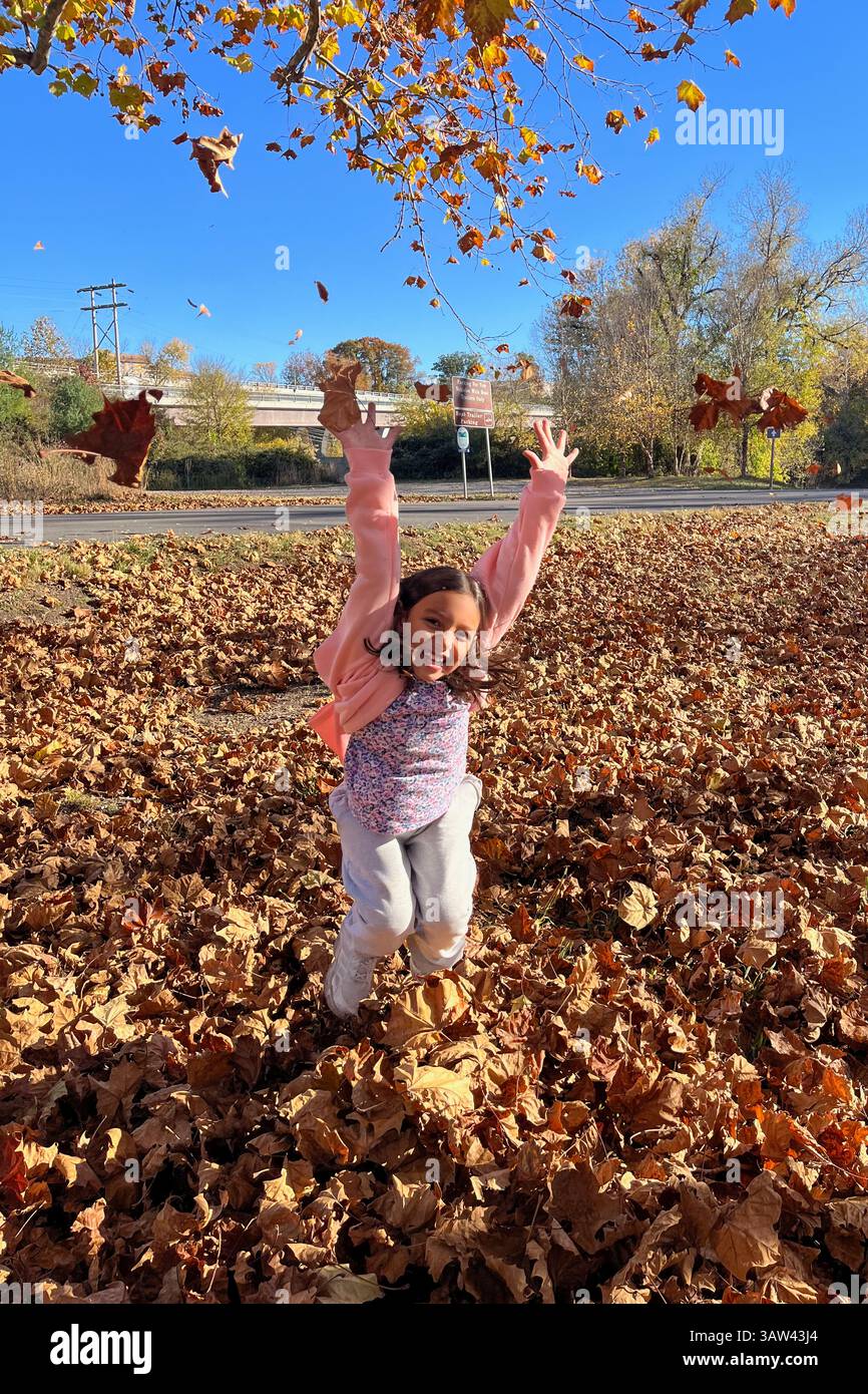 Une jeune fille saute dans un tas de feuilles. Les feuilles sont orange et jaunes, et le ciel est bleu. La fille est souriante et semble apprécier herse Banque D'Images Une jeune fille saute dans un tas de feuilles. Les feuilles sont orange et jaunes, et le ciel est bleu. La fille est souriante et semble apprécier herse Banque D'Images