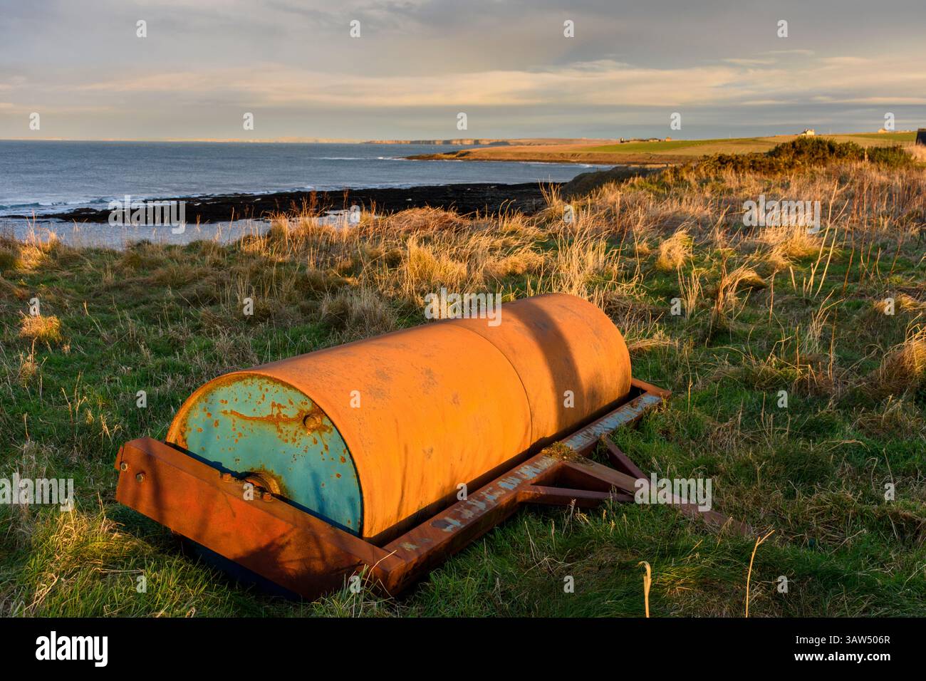 Rouleau robuste sur une ferme surplombant le Pentland Firth, Caithness, Écosse, Royaume-Uni Banque D'Images