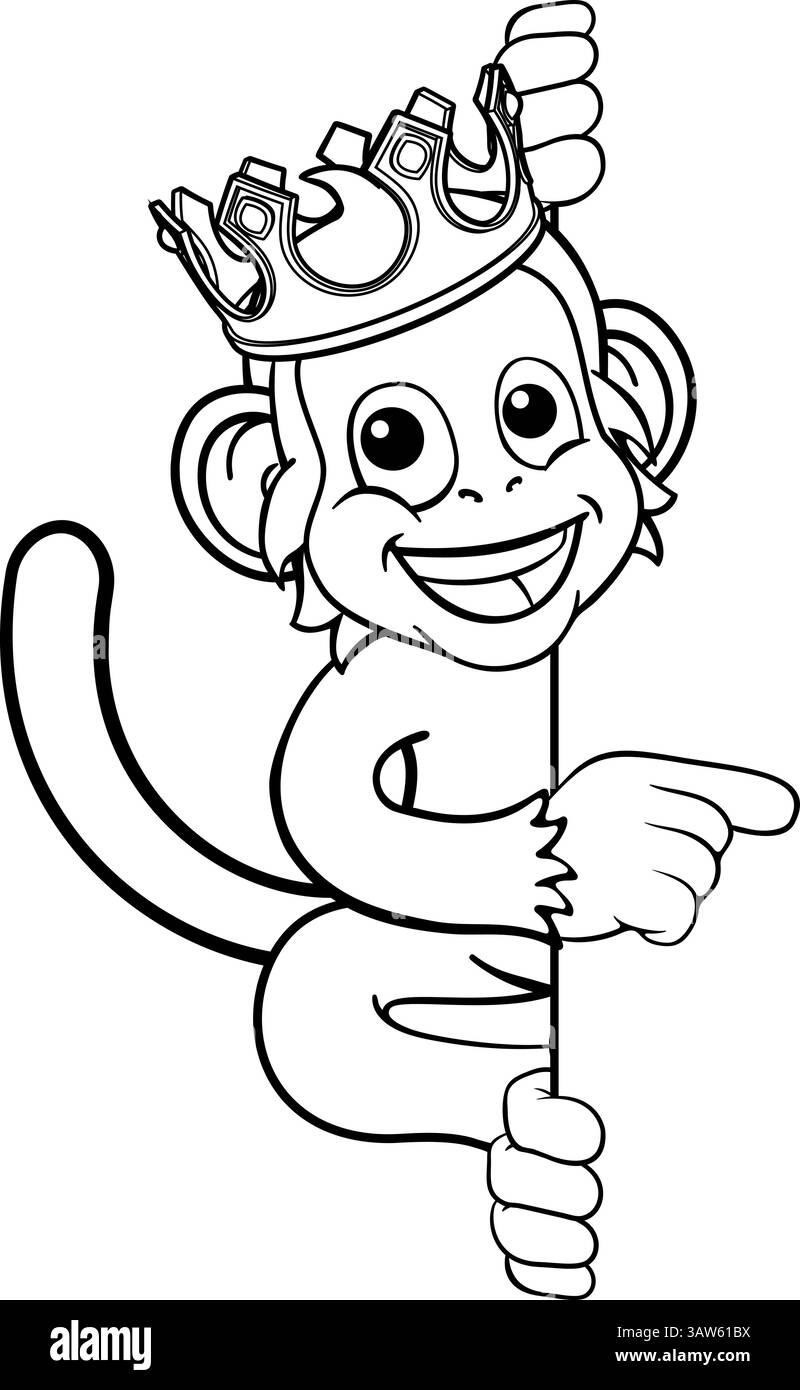 Monkey King Couronne Cartoon Animal pointant à l'inscription Illustration de Vecteur