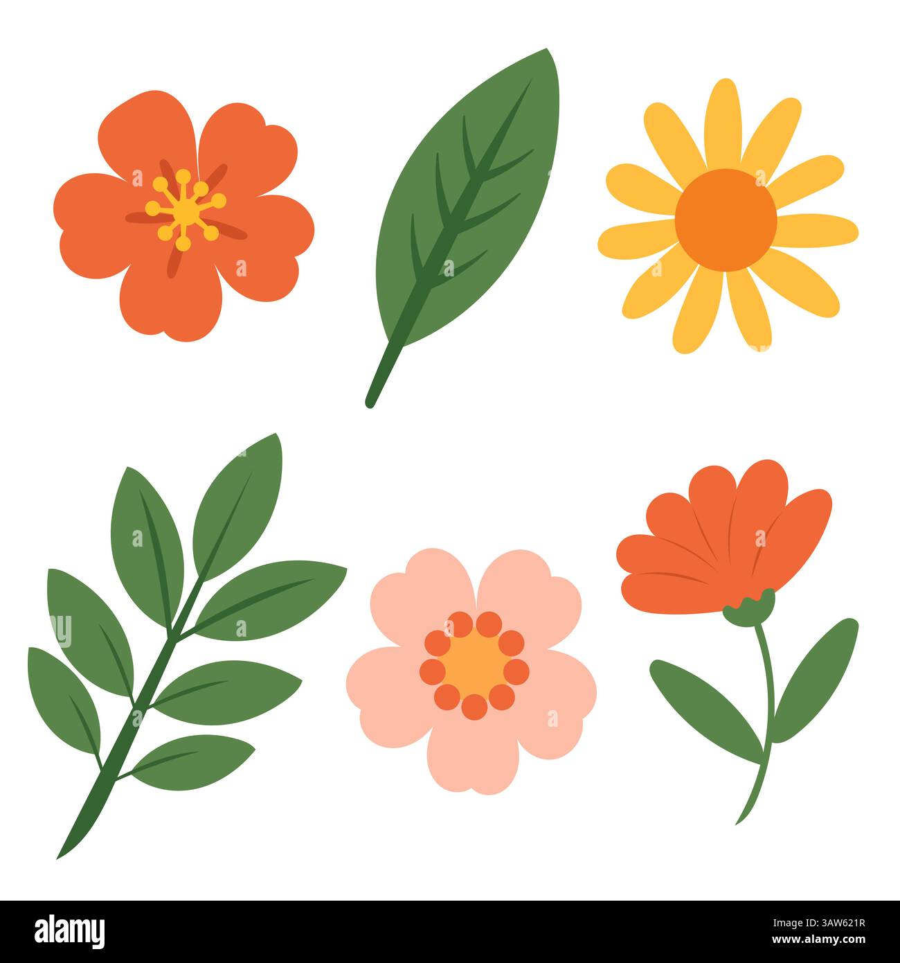 Ensemble avec des fleurs simples et des feuilles vertes Illustration de Vecteur