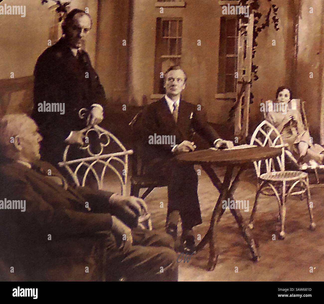 Lewis Casson, Ralph Richardson, John Gielgud et Irene Worth dans 'A Day by the Sea' Haymarket Theatre, Londres Banque D'Images
