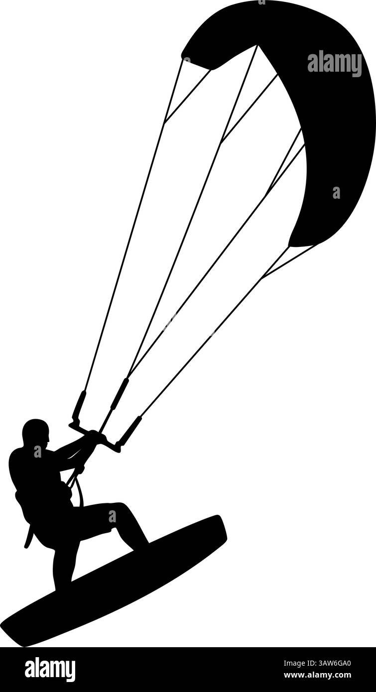 Kitesurfer avec cerf-volant dans l'illustration de silhouette en mouvement Illustration de Vecteur