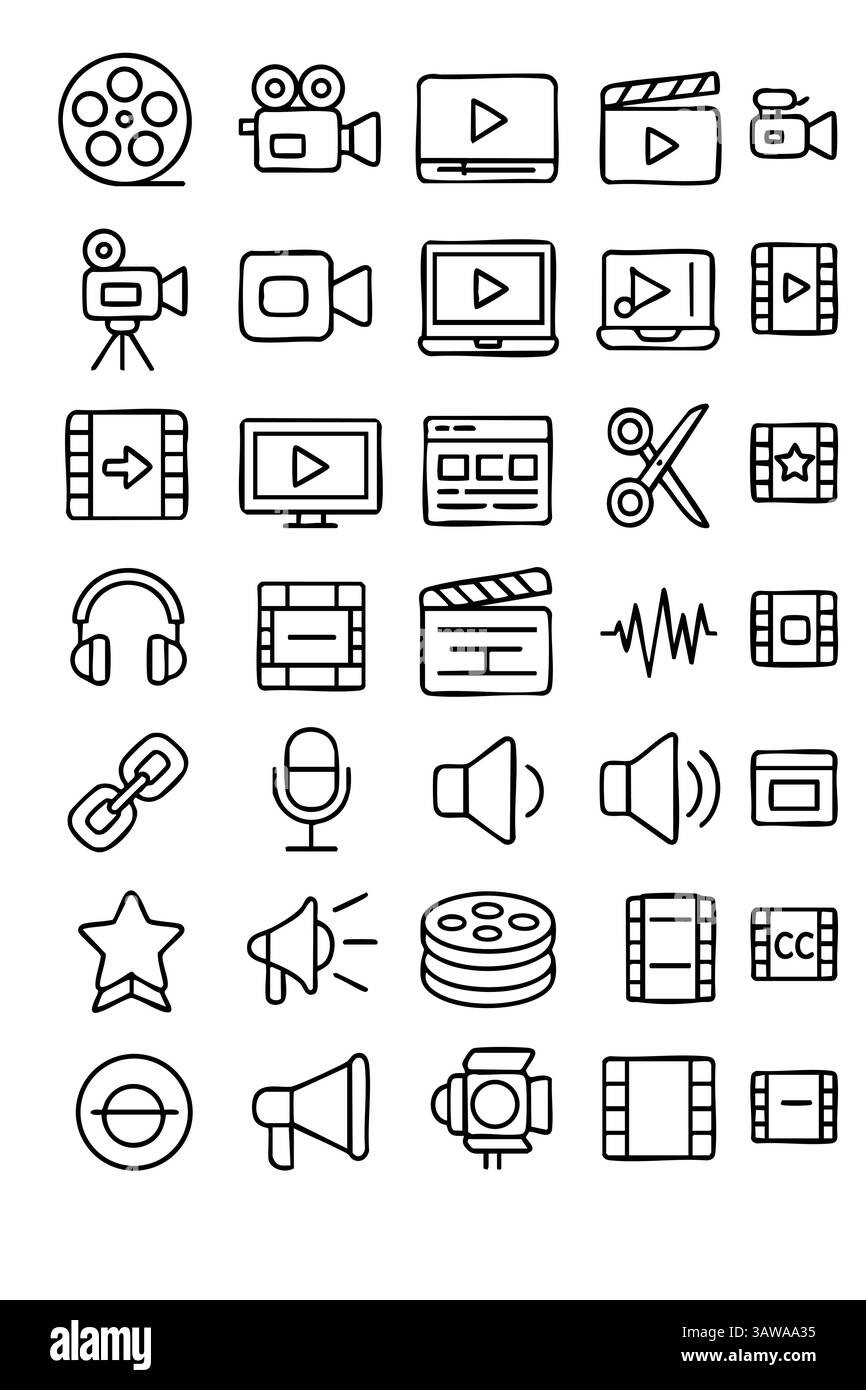 Ensemble d'icônes de ligne vectorielle d'édition vidéo, d'outils multimédias et de symboles de médias numériques. Comprend des caméras, audio, boutons de lecture, claquettes et écrans. Illustration de Vecteur