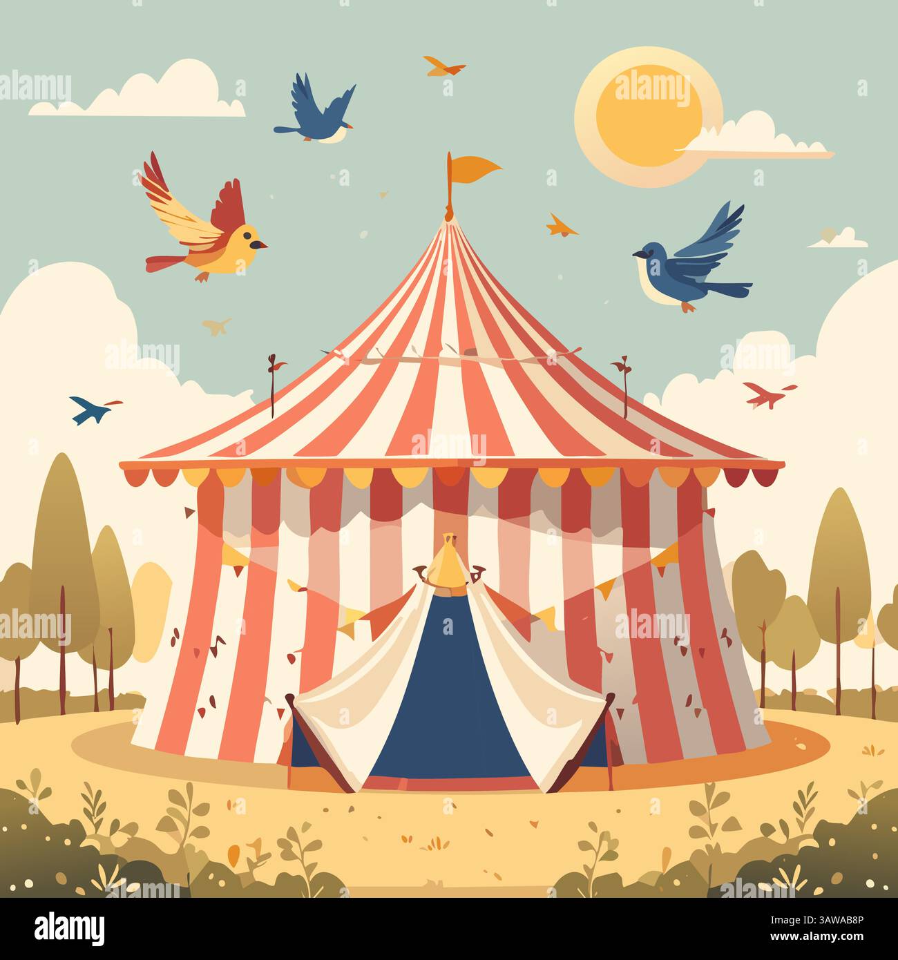 Illustration colorée de tente de cirque vintage avec des oiseaux volants, des arbres et un ciel ensoleillé. Scène de festival fantaisiste parfaite pour les histoires ou le design des enfants Illustration de Vecteur