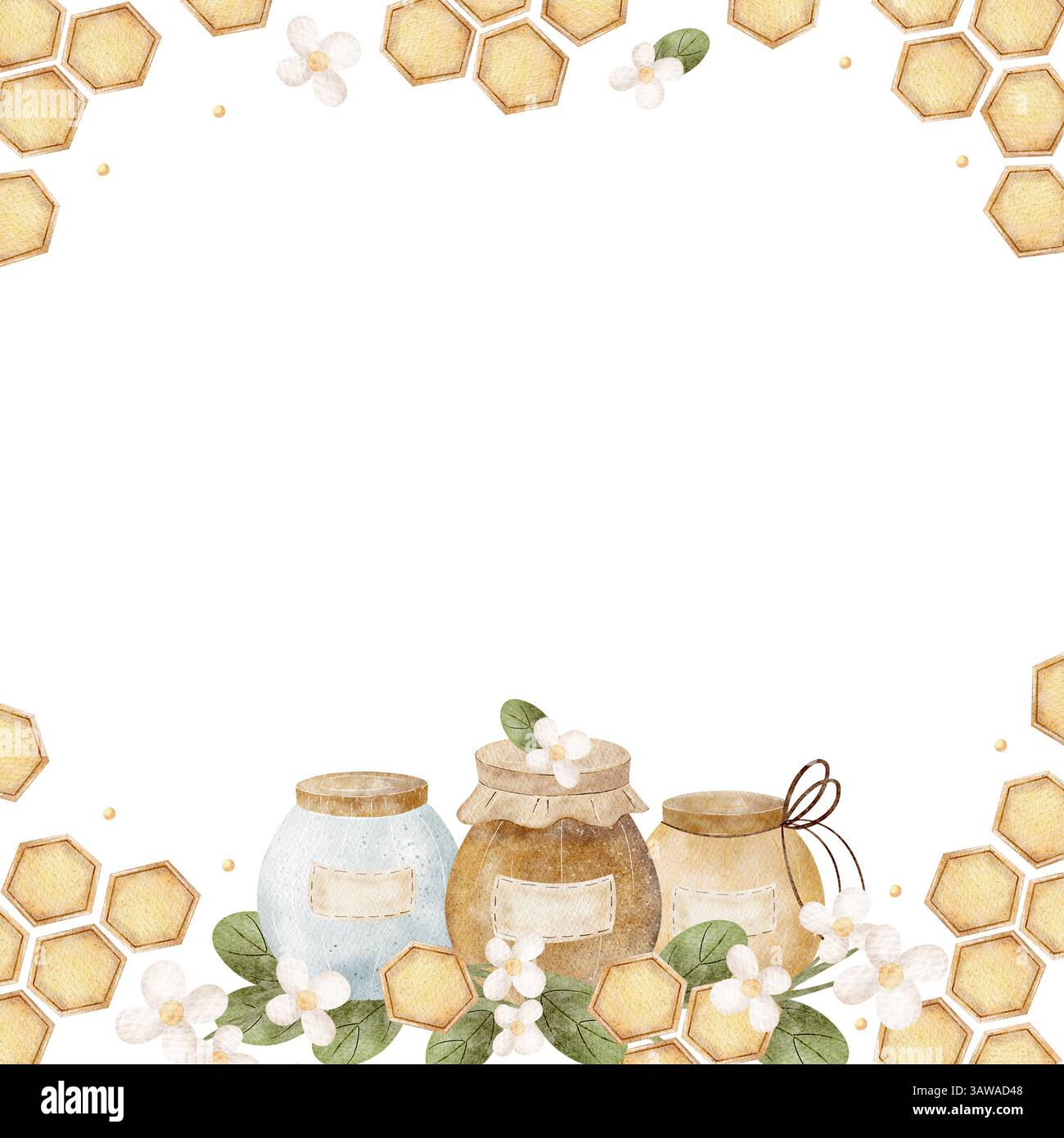 Les nids d'abeilles de cadre d'aquarelle volent autour du pot de miel dans les fleurs, les feuilles. Illustration dessinée à la main dans le style de dessin animé pour des invitations de conception, des cartes, des modèles Banque D'Images