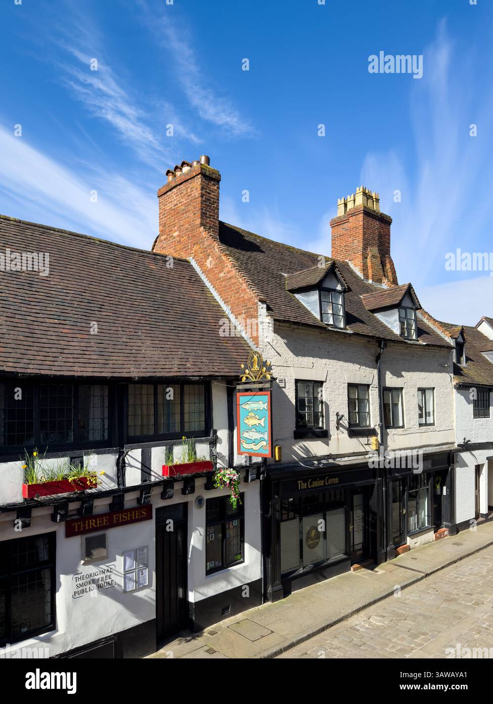 Shrewsbury, Angleterre, Royaume-Uni - 31 mars 2025 ; trois poissons maison publique sur l'historique Fish Street dans le centre-ville de Shrewsbury Banque D'Images