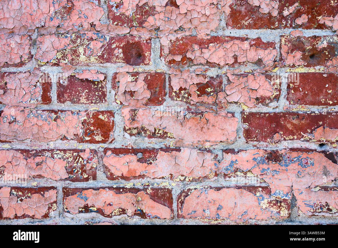 La peinture rose craquelée fanée se décolle du mur de briques rouges en gros plan Banque D'Images