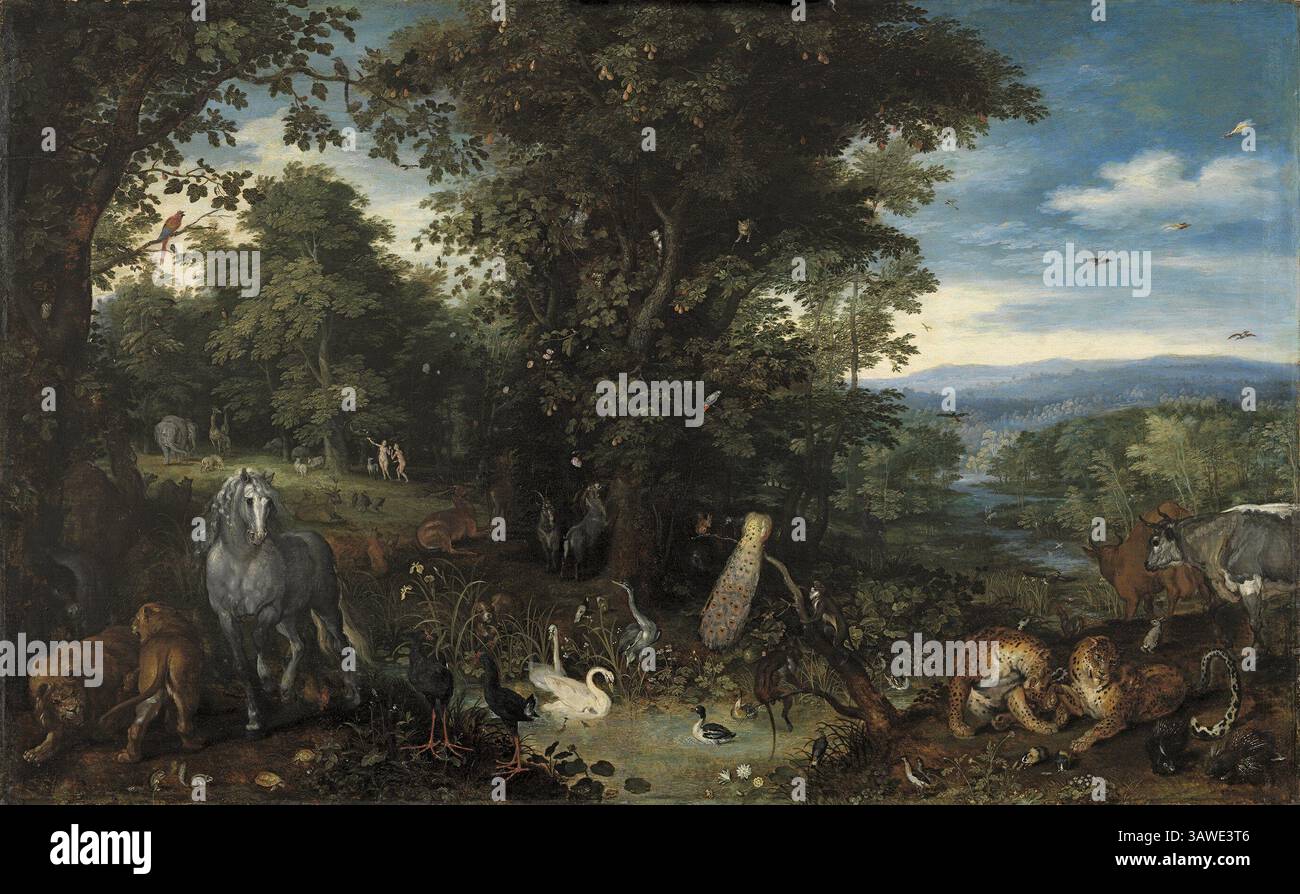 Titre : le jardin d'Eden artiste : Jan Brueghel L'ancien date : CA. 1610–1612 technique : huile sur panneau dimensions : 59,4 x 95,6 cm lieu : Collection Carmen Thyssen Banque D'Images