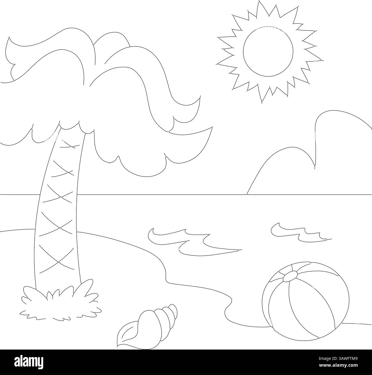 Page de coloriage de plage de palmiers – l'art de ligne de paysage tropical d'été avec balle, coquillage, vagues, soleil et océan pour l'activité des enfants ou l'art imprimable Illustration de Vecteur