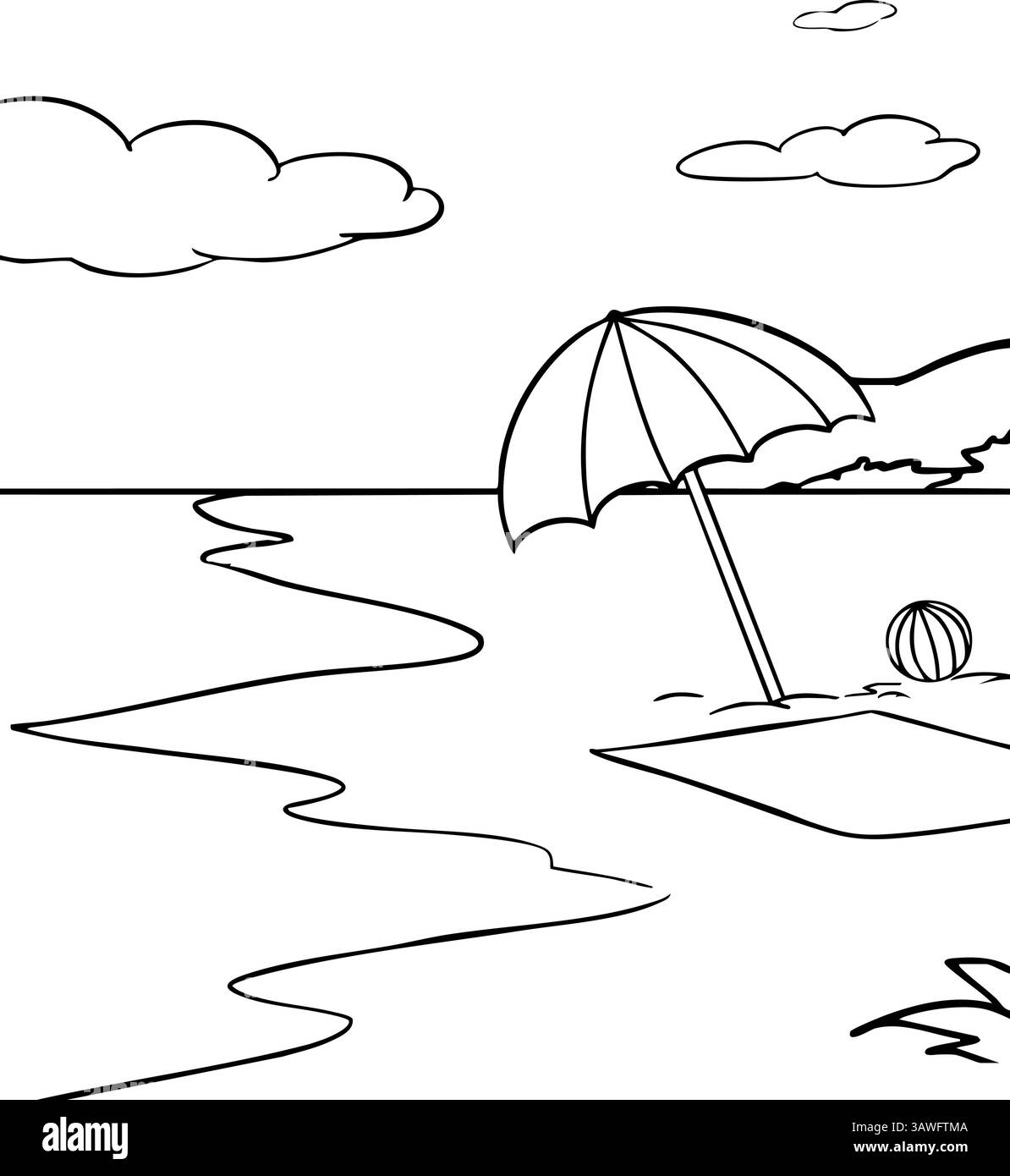 Parasol de plage et illustration d'art de ligne de bord de mer - dessin de contour de vacances d'été avec des vagues de l'océan, des nuages, une serviette et un ballon de plage pour les livres de coloriage Illustration de Vecteur