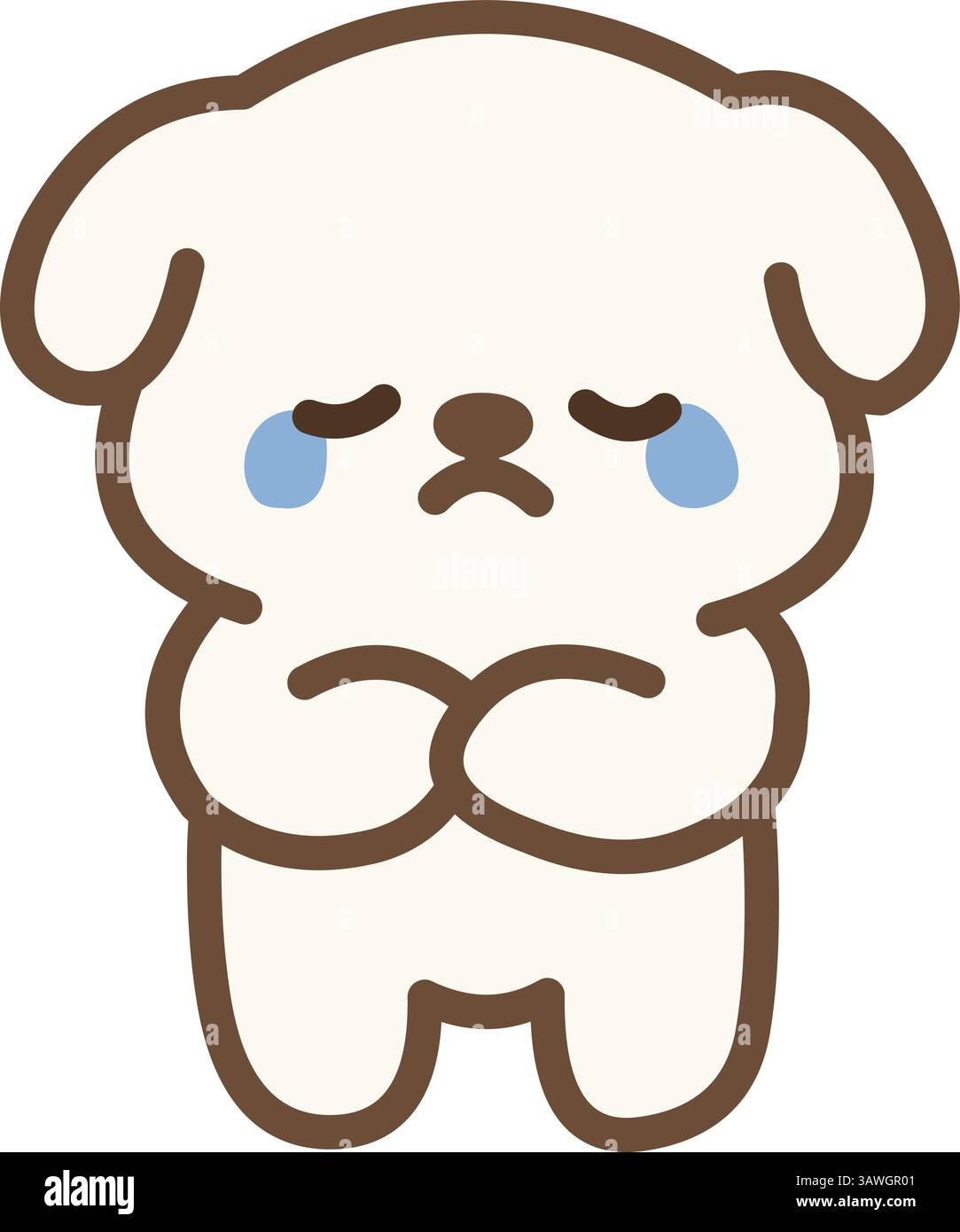 Chiot blanc mignon pleurant, avec des larmes et une expression triste, debout avec les bras croisés Illustration de Vecteur