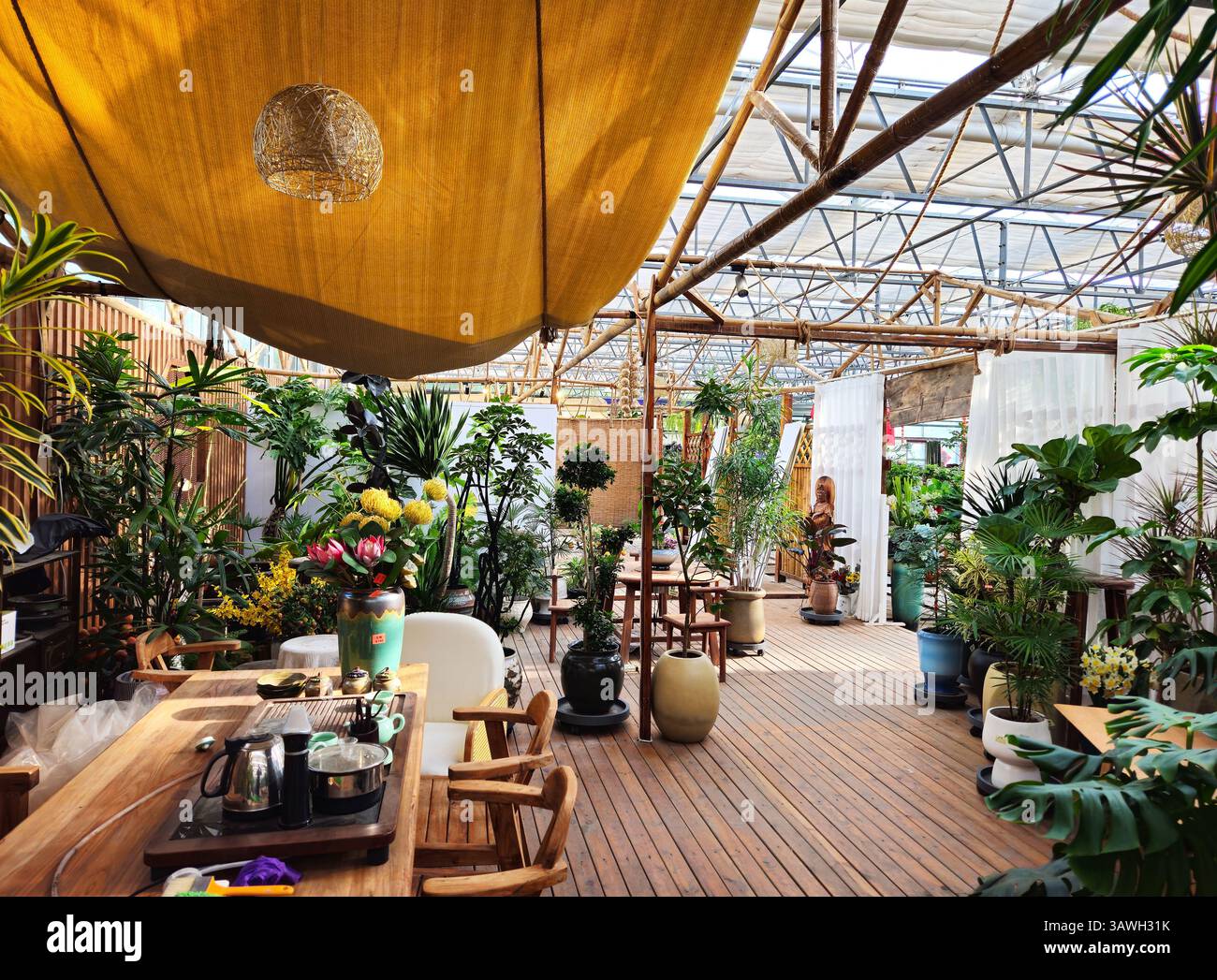 Confortable retraite de jardin intérieur avec verdure luxuriante et sièges accueillants pendant un après-midi ensoleillé avec service de thé et plantes en pot Banque D'Images