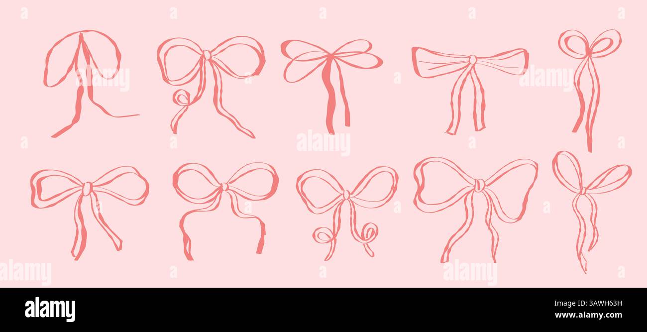 Ensemble doux et féminin d'arcs rouges dessinés à la main sur une illustration vectorielle de fond rose. Thèmes filles, emballage cadeau, cartes romantiques ou design de mode Illustration de Vecteur