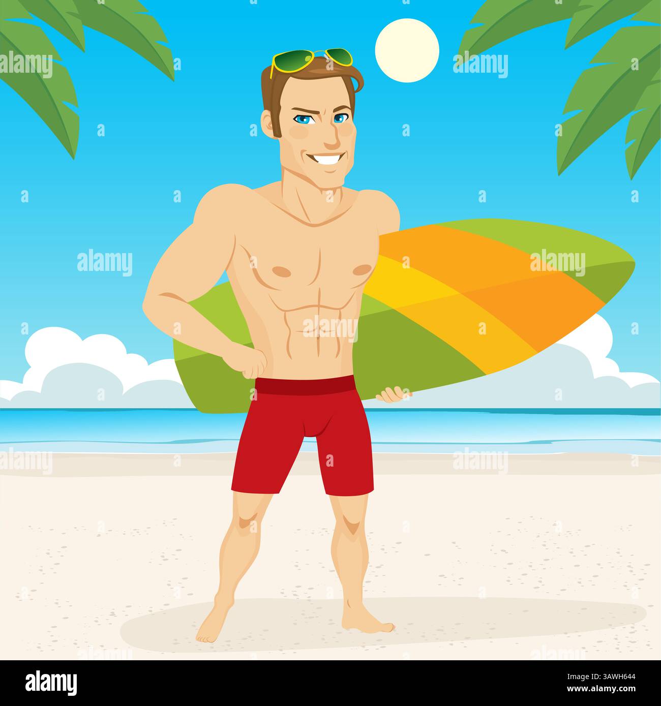 Athlétique jeune surfer homme sur la plage tenant une planche de surf Illustration de Vecteur