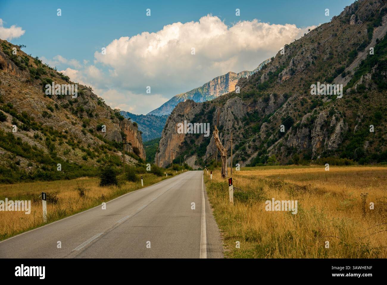 Rruga e Permetit (Permet Road) s'étend à travers le sud-ouest de l'Albanie, encadrée par d'imposantes crêtes calcaires et des prairies dorées sous un ciel large Banque D'Images