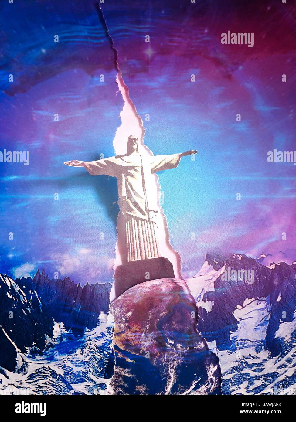 Art conceptuel de collage du Christ sur une montagne enneigée Banque D'Images