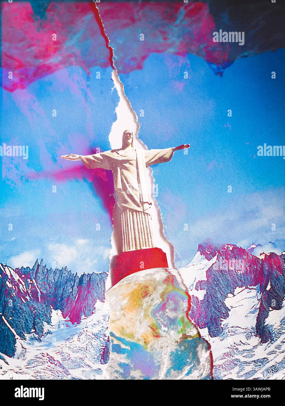 Art conceptuel de collage du Christ sur une montagne enneigée Banque D'Images
