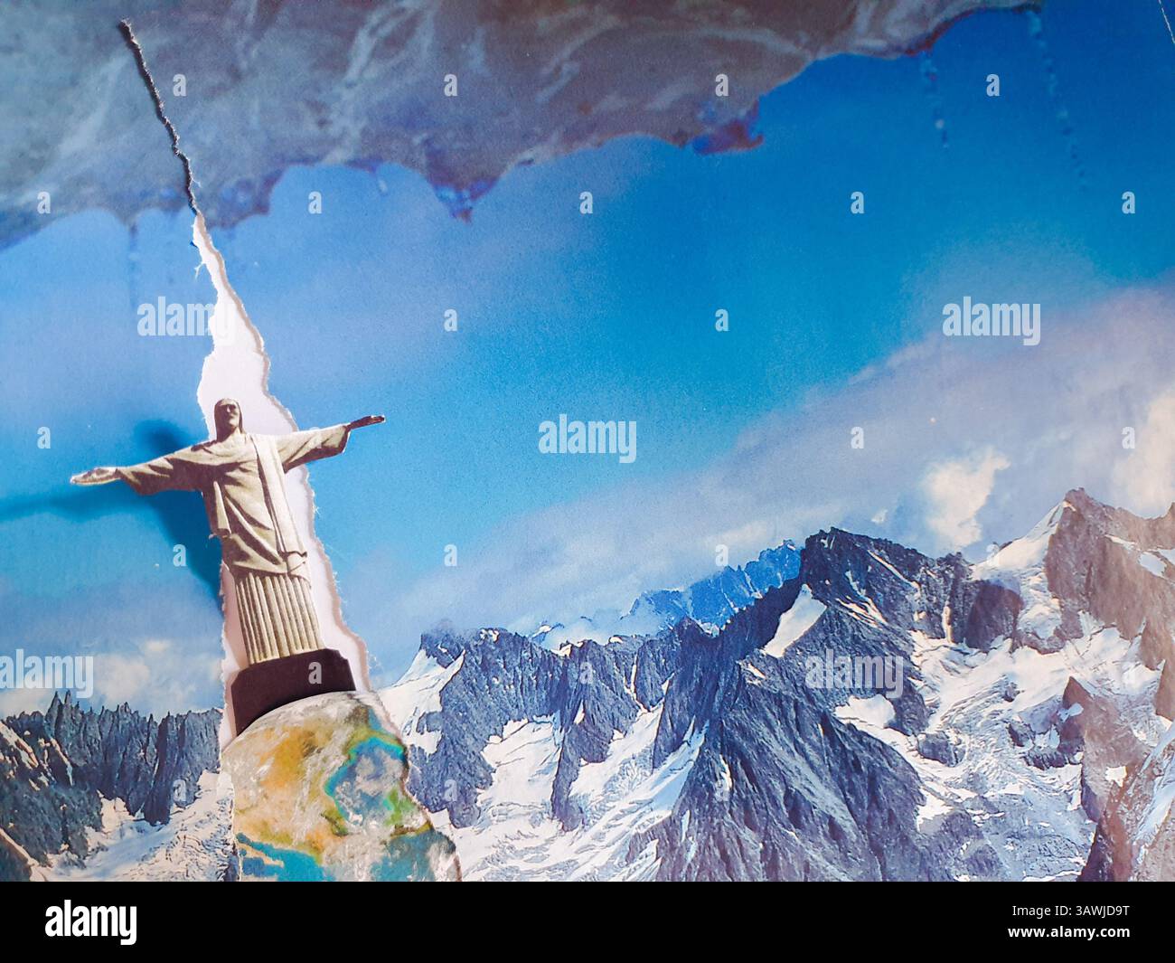 Art conceptuel de collage du Christ sur une montagne enneigée Banque D'Images