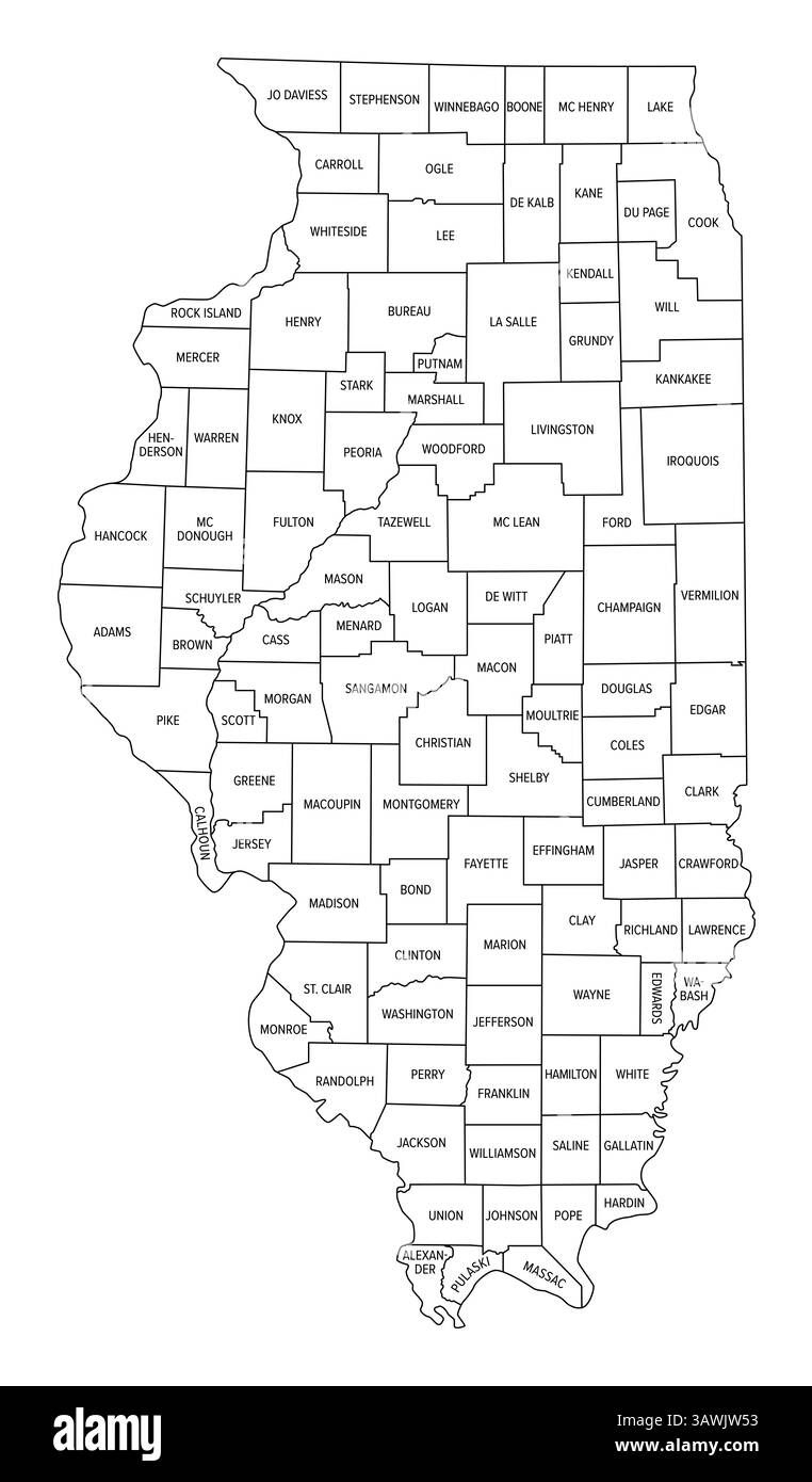 État de l'Illinois, subdivisé en 102 comtés, carte de contour. État dans le Midwest des États-Unis, surnommé Land of Lincoln, et Prairie State. Banque D'Images État de l'Illinois, subdivisé en 102 comtés, carte de contour. État dans le Midwest des États-Unis, surnommé Land of Lincoln, et Prairie State. Banque D'Images