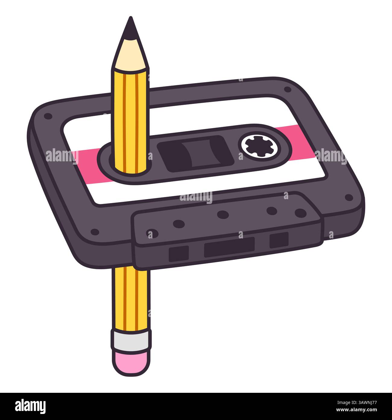 Bande cassette rétro de dessin animé avec un crayon, rembobiner un disque à la vieille école. Illustration clip art vectorielle. Illustration de Vecteur