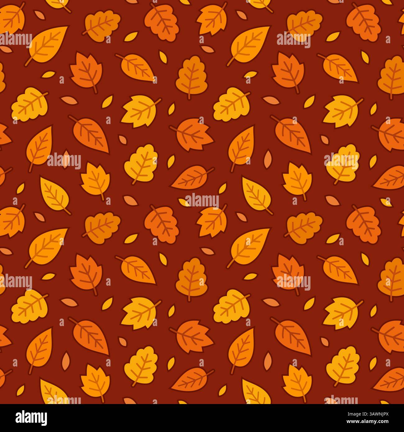 L'automne laisse un motif sans couture dans un style de dessin animé simple. Feuilles jaune vif et orange dispersées sur fond brun. Illustration clipart vectorielle. Illustration de Vecteur