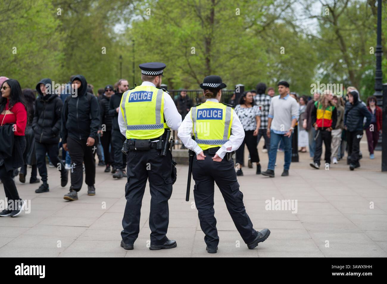 Londres, Royaume-Uni. 20 avril 2025. Des milliers de personnes se sont rassemblées à Hyde Park pour l’événement annuel 420, une tradition de longue date et une manifestation prônant la légalisation du cannabis. Pendant des années, Hyde Park est devenu le point focal le 20 avril pour les amateurs de cannabis et les activistes pour exprimer leurs appels à une réforme de la loi. Malgré les avertissements des parcs royaux et une présence policière visible, la foule se réunit pour des discours, de la musique et une « fumée » de masse à 16h20. Le rassemblement souligne le débat en cours autour de la politique du cannabis au Royaume-Uni. Crédit : Andrea Domeniconi/Alamy Live News Banque D'Images
