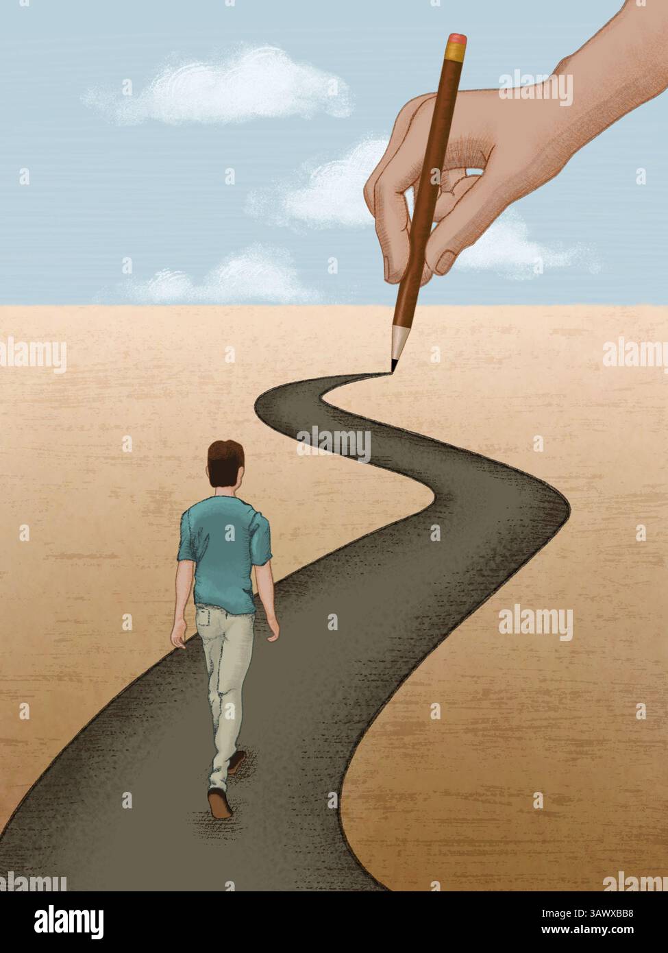 Homme marchant sur un chemin dessiné avec un crayon. Illustration numérique, ma propre œuvre. Banque D'Images
