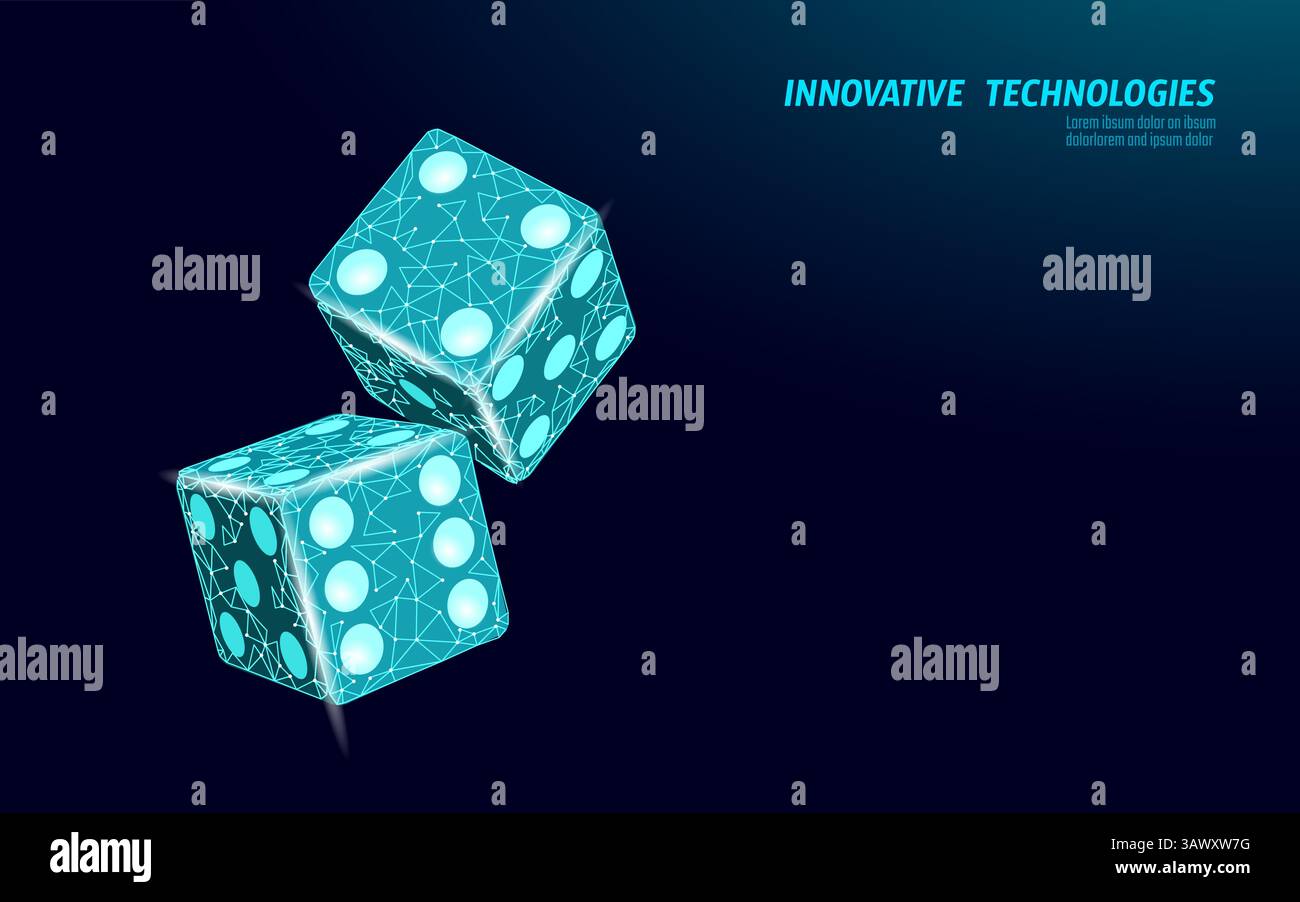 Poly inférieur à deux dés La conception géométrique comporte des points et des lignes de connexion. Technologie de jeu, casinos en ligne et visualisation de la science des données. Bleu foncé Illustration de Vecteur