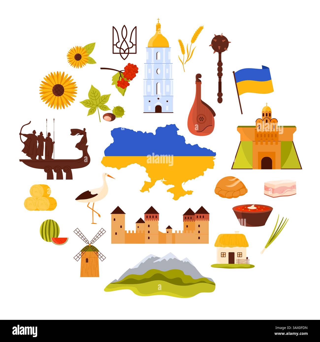 Forteresse et église de Kiev, blé et tournesol, bandura et maison de village en cercle illustration vectorielle de dessin animé. Monuments et symboles libres de la culture et conception indépendante de bannière ronde Ukraine Illustration de Vecteur