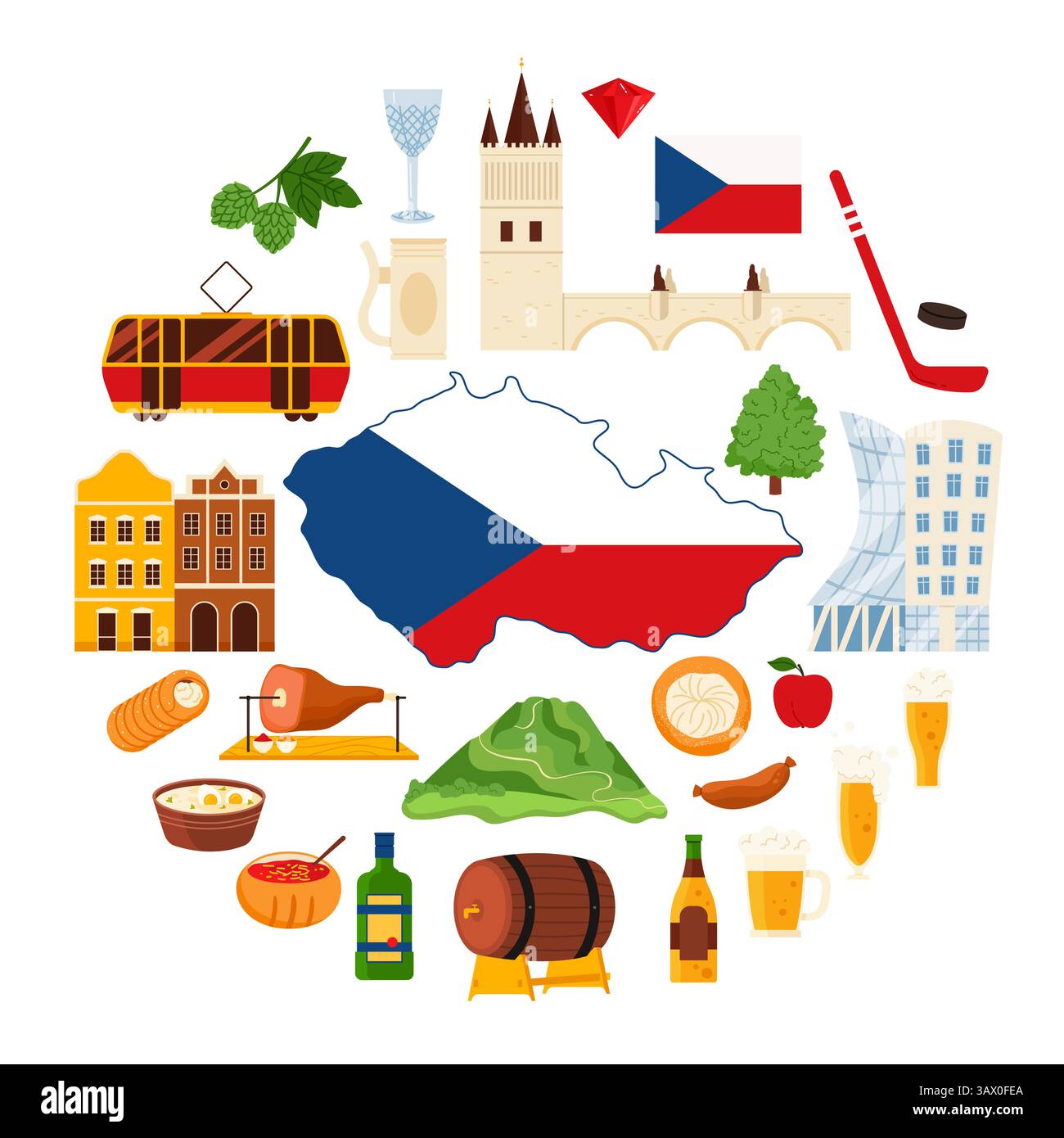 Célèbre nourriture et bière, Pont Charles et Cathédrale dans l'illustration vectorielle de dessin animé historique de Prague. Voyagez en République tchèque, des éléments culturels et des monuments dans une bannière infographique ronde avec titre Illustration de Vecteur