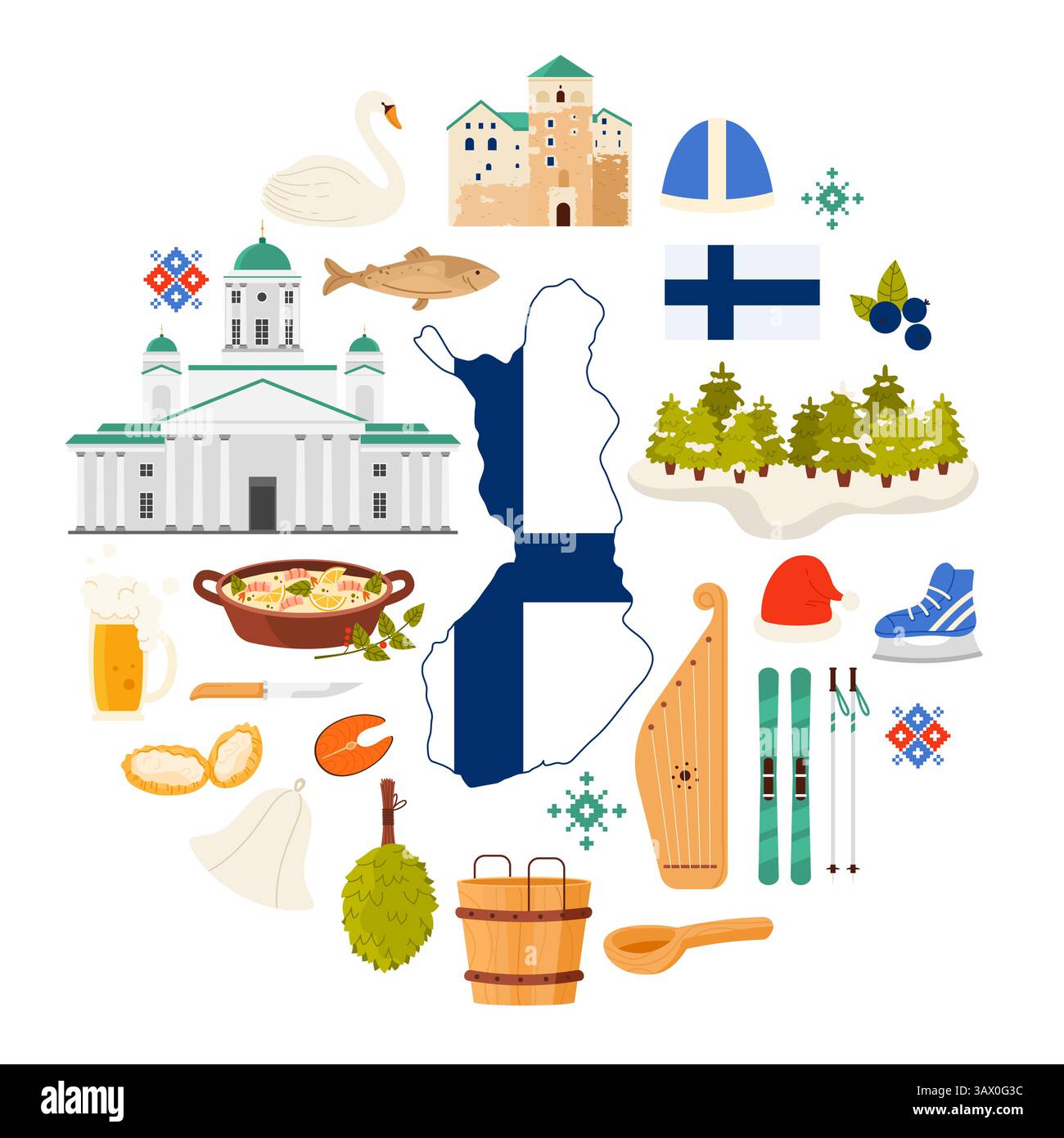 Théâtre national finlandais et kantele, illustration vectorielle de dessin animé de seau en bois. Voyagez en Finlande, avec des éléments culturels et de la neige de Laponie, des monuments d'Helsinki et de la gastronomie dans une bannière infographique ronde Illustration de Vecteur