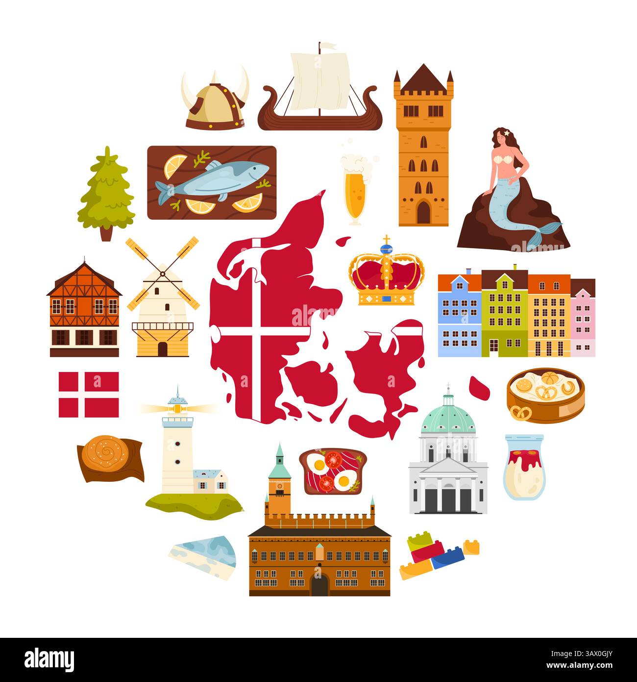 Carte danoise avec motif de drapeau et symboles culturels célèbres du Danemark, couronne des rois et architecture du patrimoine, nourriture en cercle illustration vectorielle de dessin animé. Voyage au Danemark bannière ronde ou conception d'affiche Illustration de Vecteur