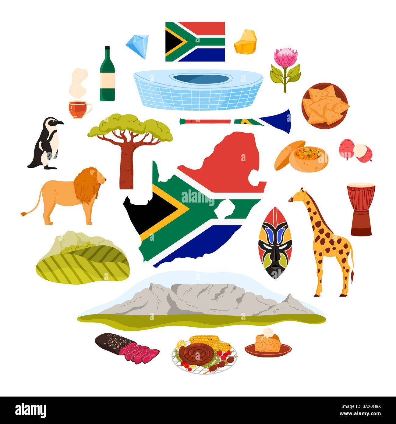 Stade du Cap, montagne de la table et masque Zulu, corne de Vuvuzela et tambour de Jembe, illustration vectorielle de bande dessinée de fleurs de Protea. Éléments culturels, nature et point de repère de l'Afrique du Sud bannière infographique ronde Illustration de Vecteur