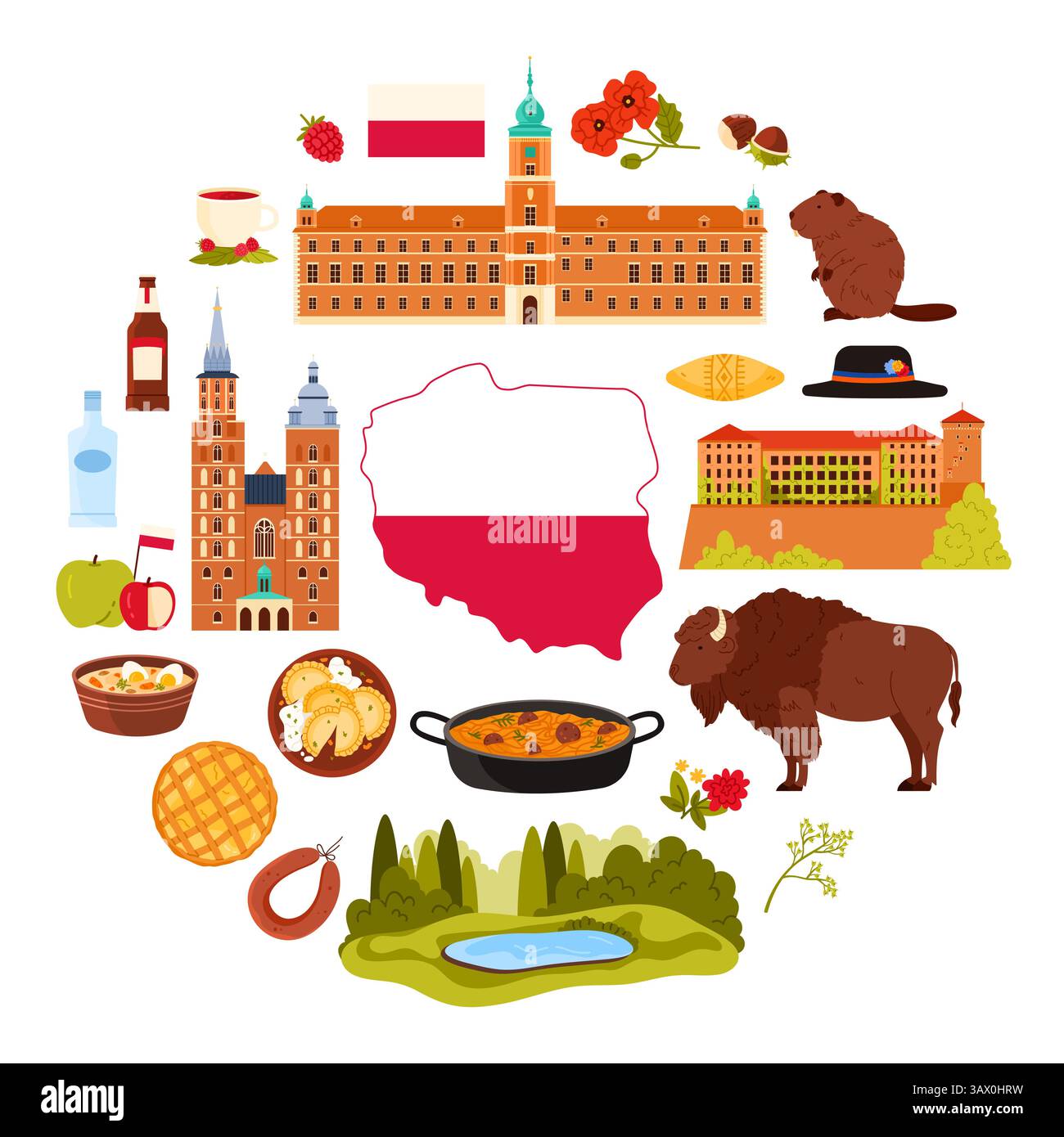 Voyagez en Pologne, les éléments culturels, la nature et les célèbres monuments polonais dans la bannière infographique ronde. Nourriture traditionnelle et paysage avec lac et forêt, châteaux en cercle illustration vectorielle de dessin animé Illustration de Vecteur