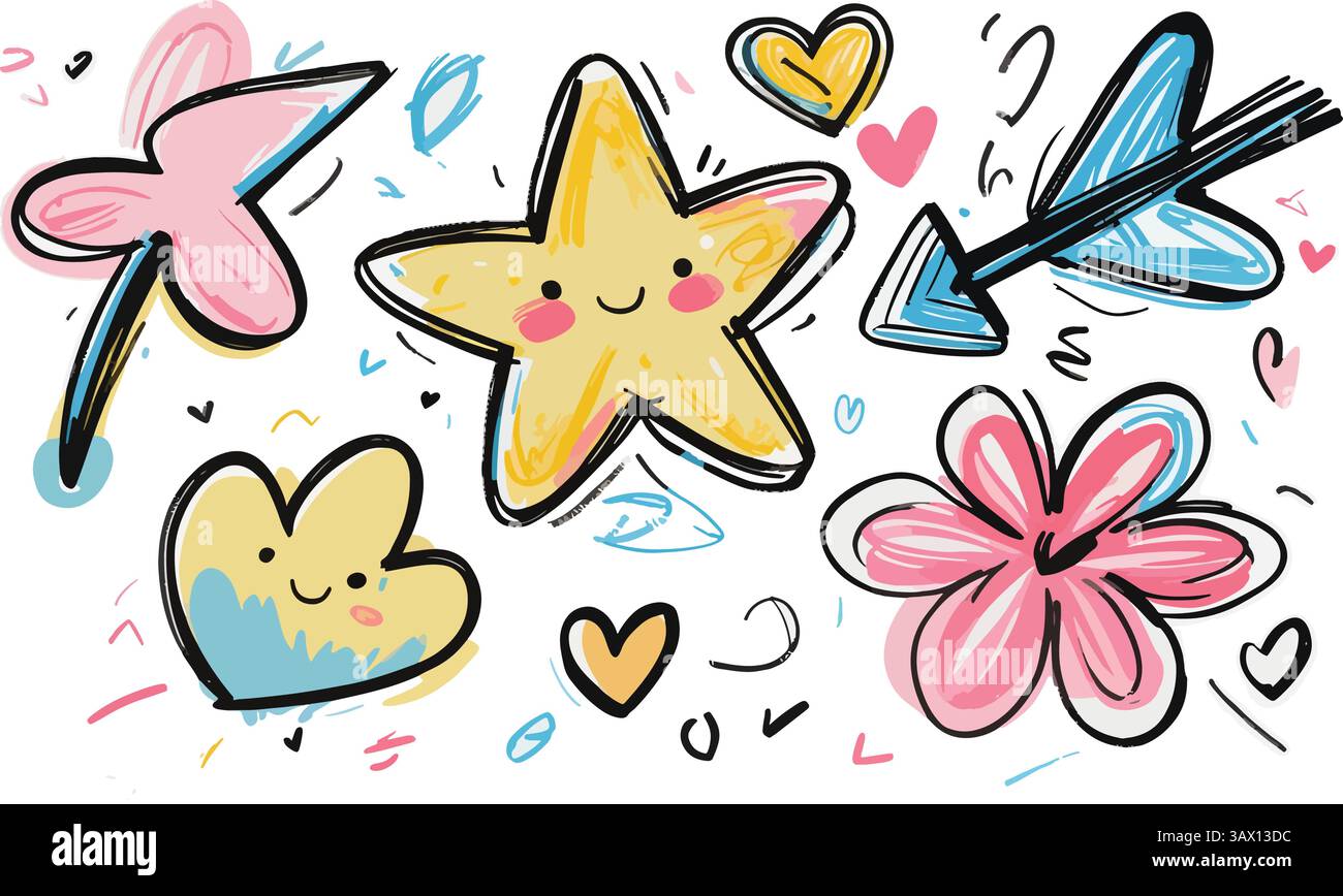 Étoile d'esquisse de ligne mignonne, flèche, ensemble d'icône d'élément de décoration de coeur. Esquisse dessinée à la main doodle étoile mignonne, accent, élément de fleur. Décoratio de texte de plume Illustration de Vecteur