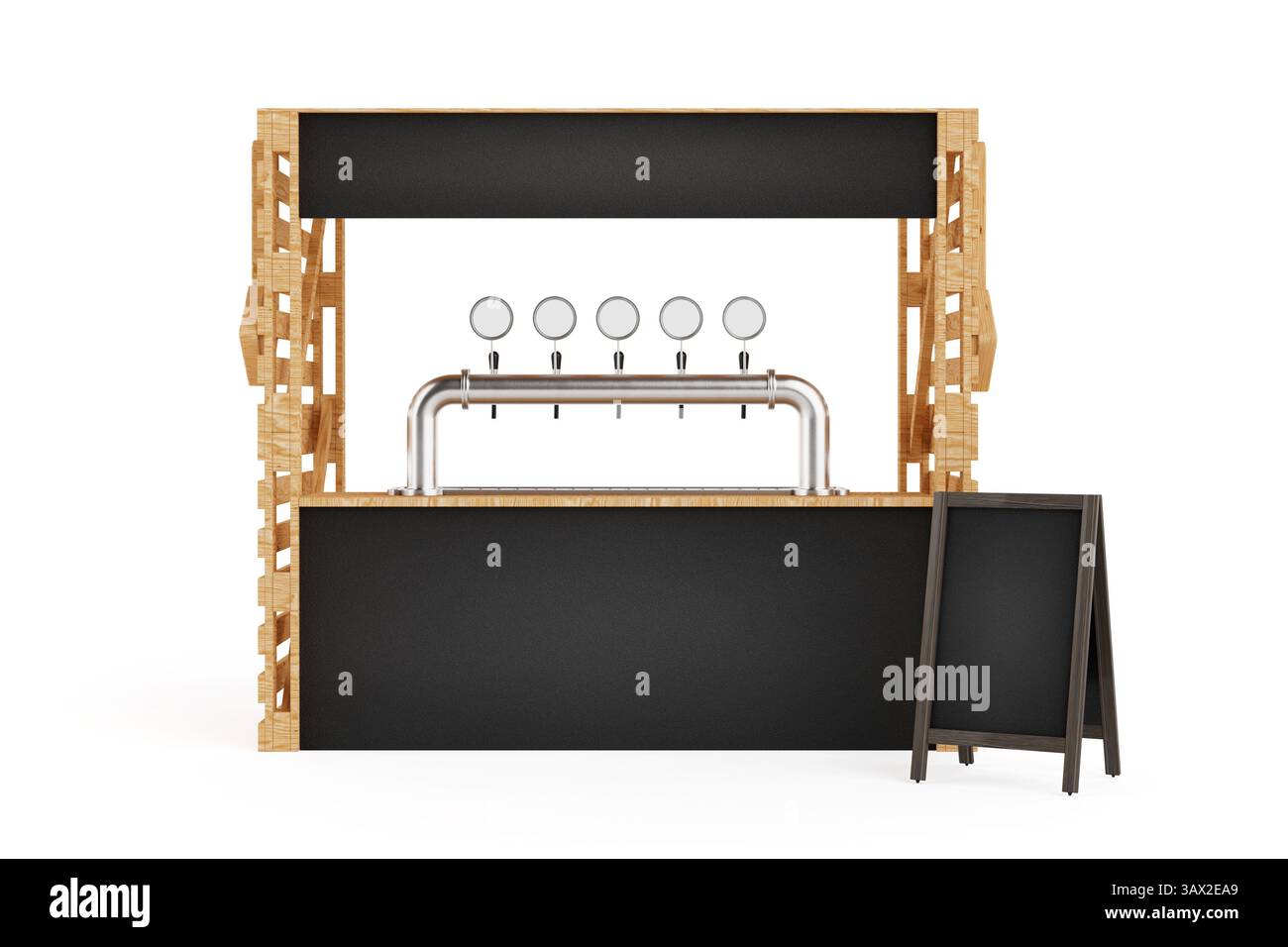 Configuration du bar de rue Rustic Vibe invitante. Kiosque à bière en bois avec robinets en métal et signalisation vierge sur fond blanc. Rendu 3D. Banque D'Images