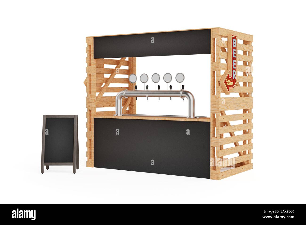 Configuration du bar de rue Rustic Vibe invitante. Kiosque à bière en bois avec robinets en métal et signalisation vierge sur fond blanc. Rendu 3D. Banque D'Images