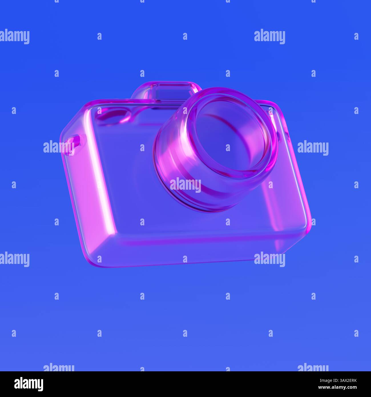 Icône d'appareil photo numérique en verre transparent avec des surlignements irisés sur un fond bleu. Rendu 3D. Banque D'Images
